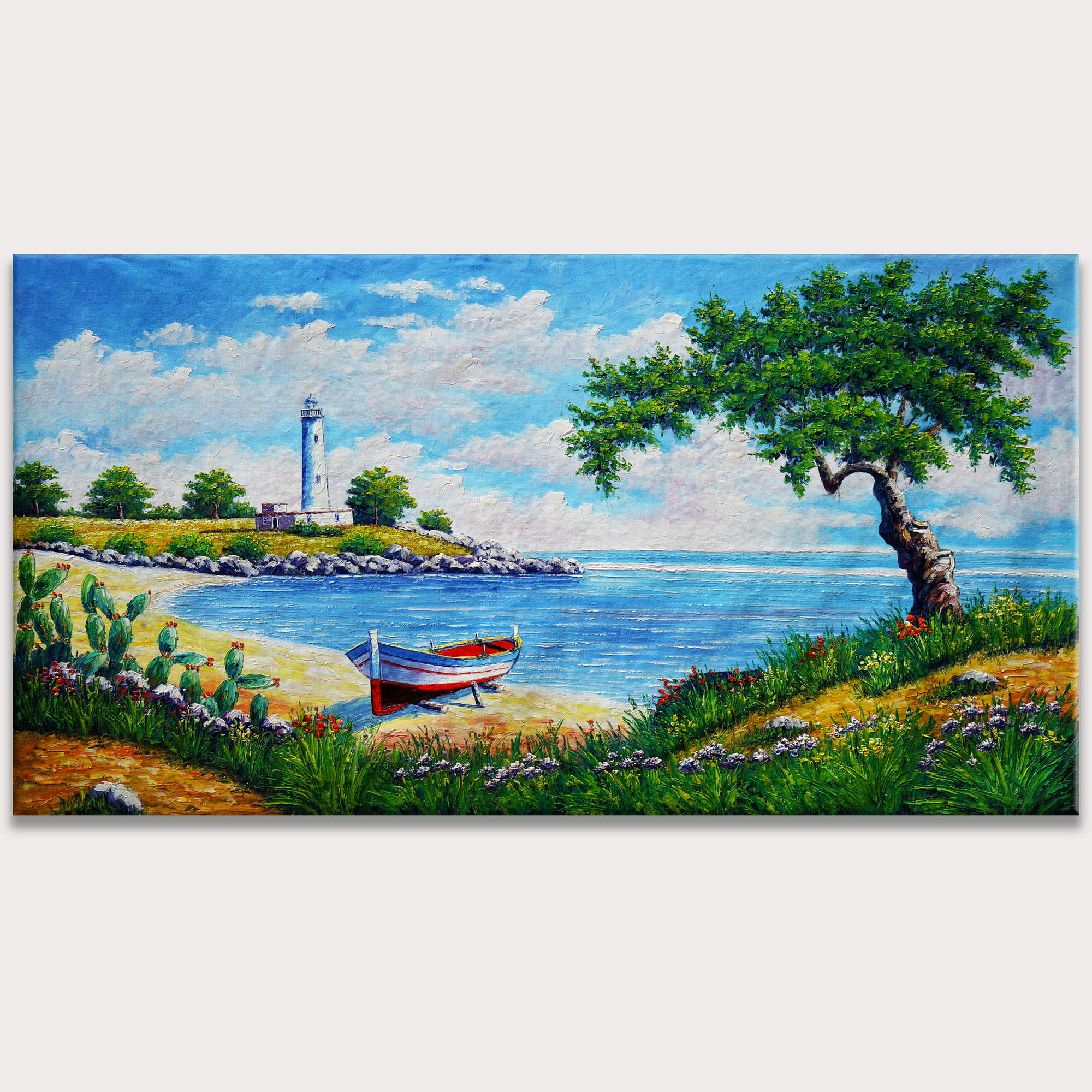 Bateau phare paysage marin peint à la main 90x180cm