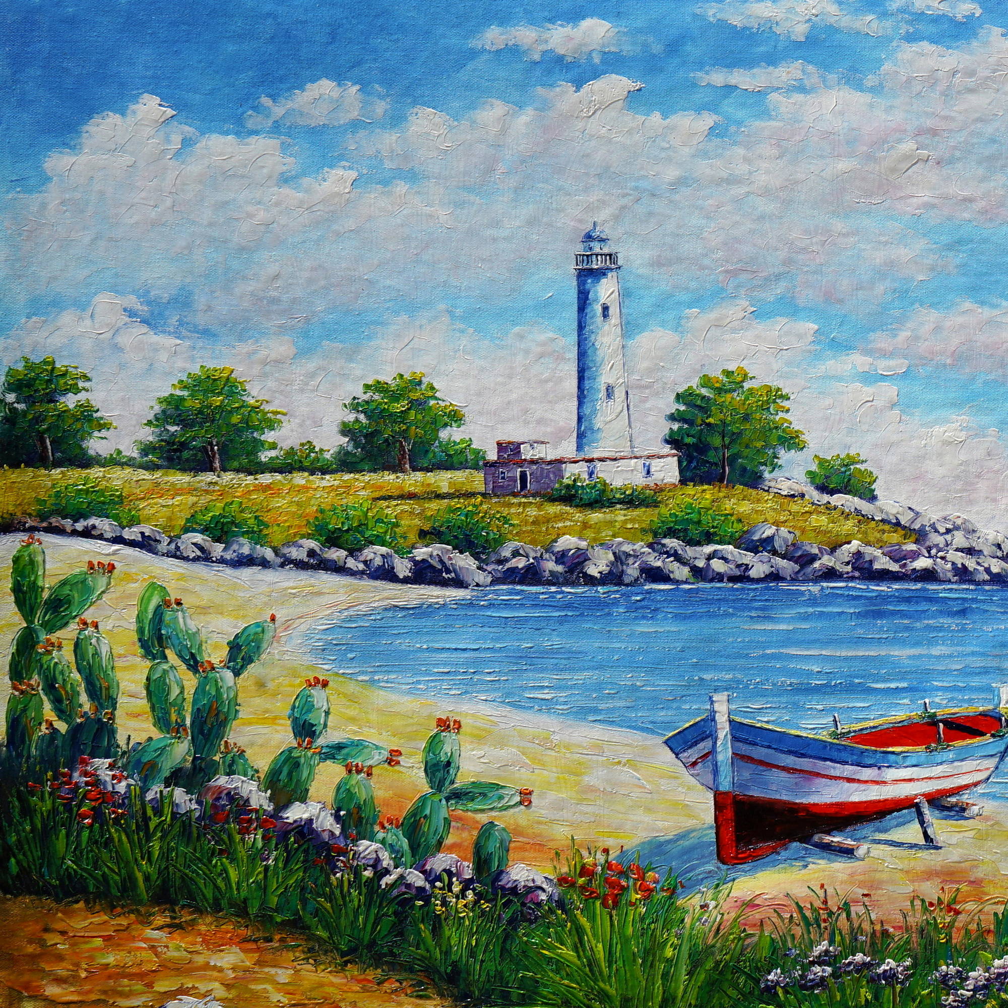 Bateau phare paysage marin peint à la main 90x180cm