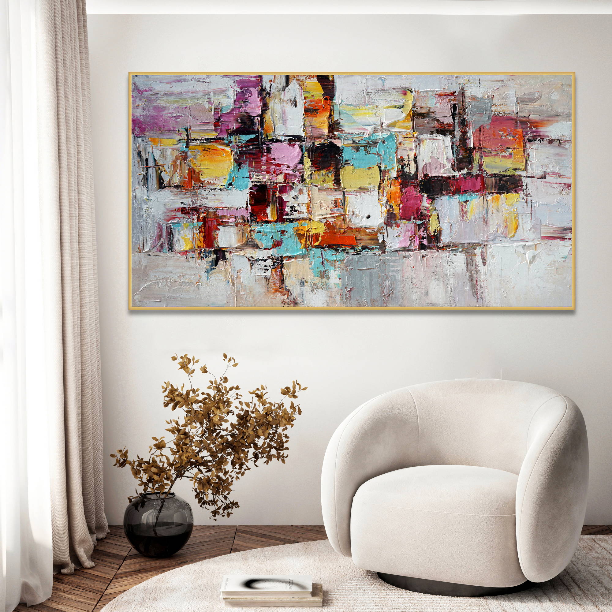 Hand painted Abstract Material Turquoise Pink Yellow 90x180cm