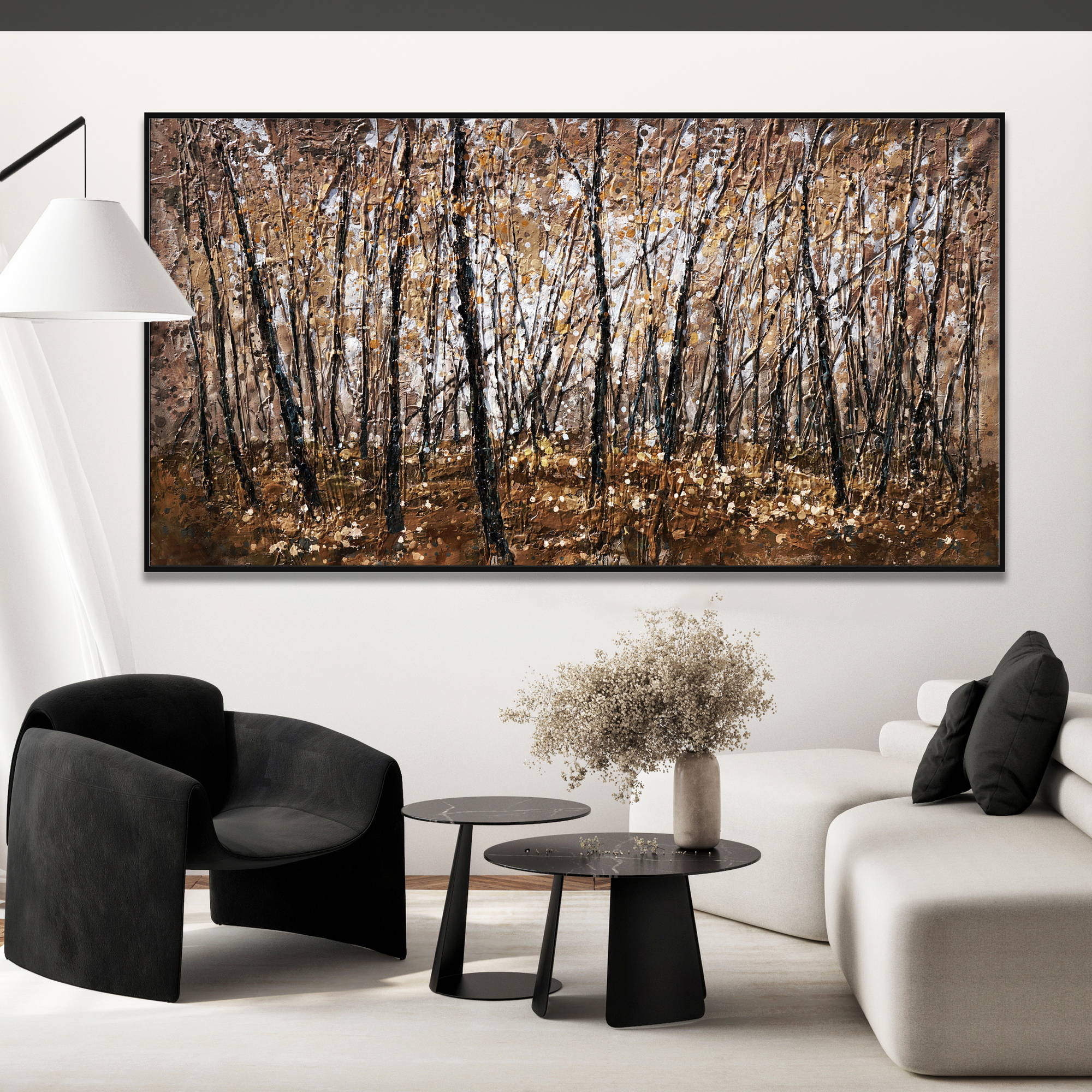 Quadro astratto di una foresta in autunno con alberi e foglie in tonalità marrone e ocra
