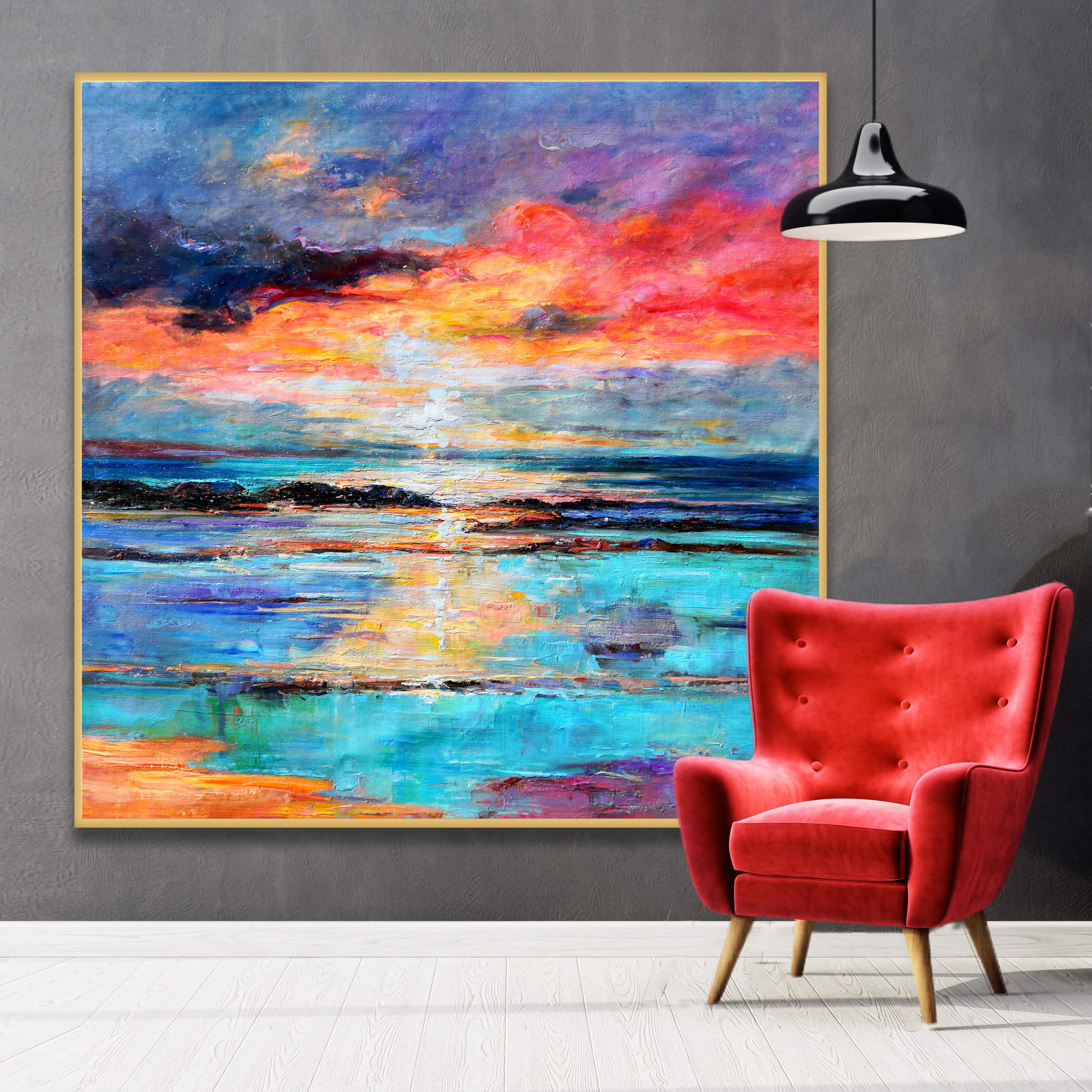 Dipinto astratto di paesaggio marino con tramonto infuocato