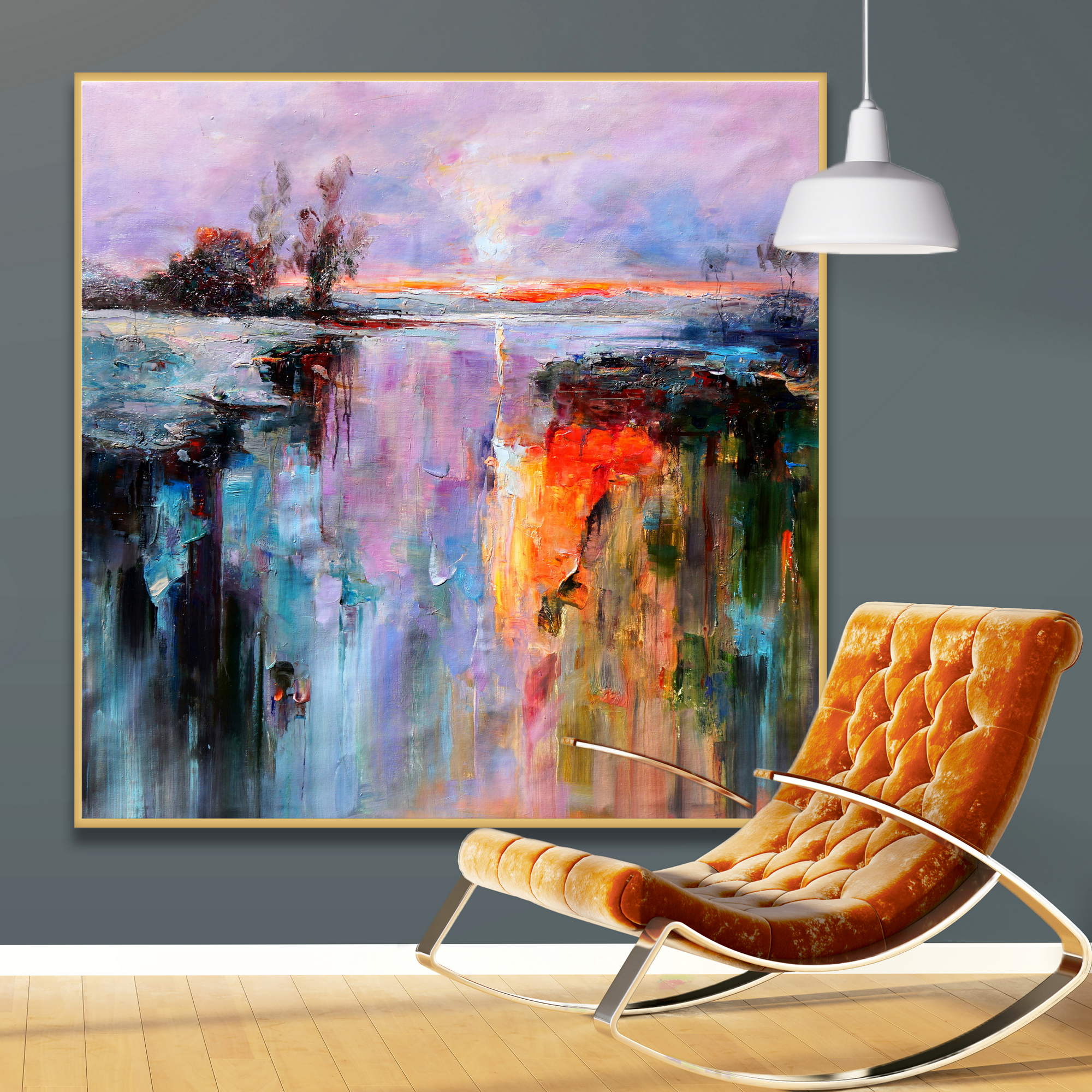 Dipinto astratto di un paesaggio riflesso nell'acqua con colori vibranti