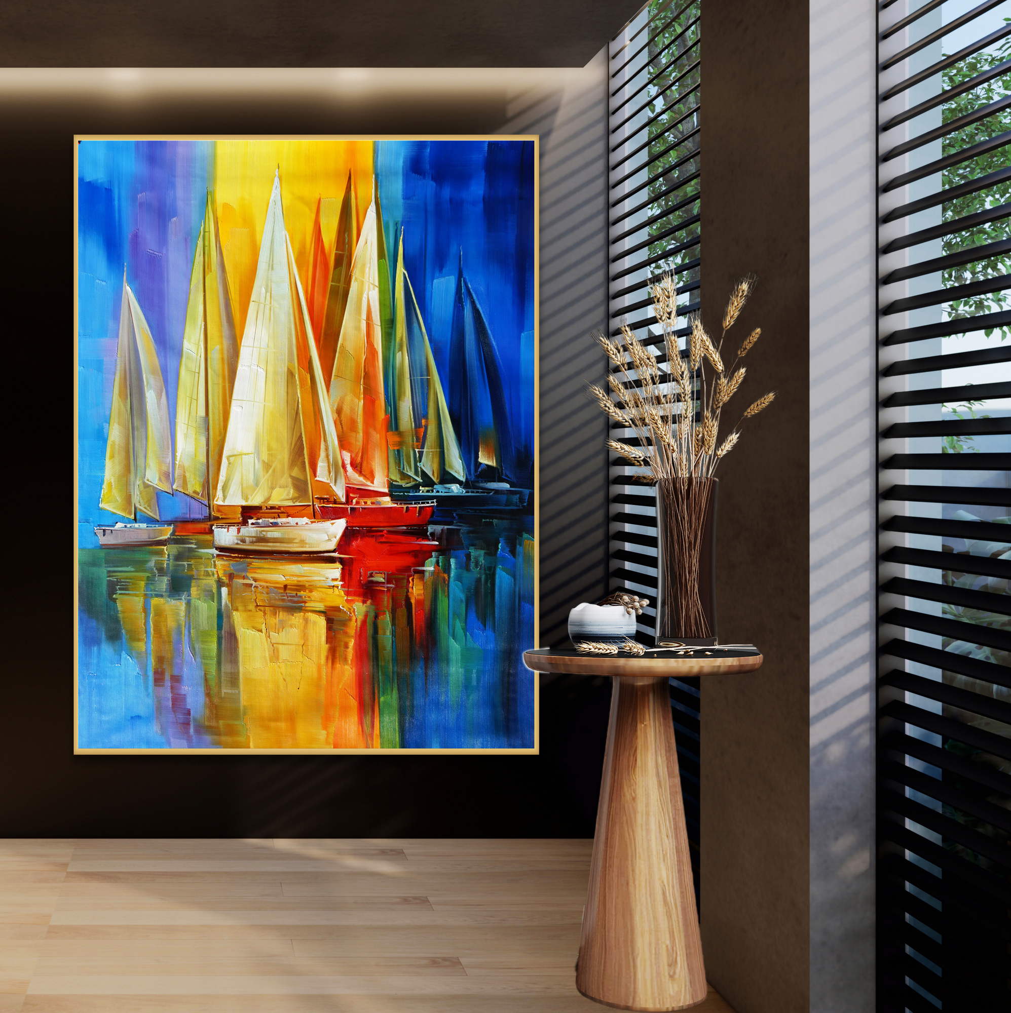 Dipinto astratto di regata con barche a vela dai colori accesi