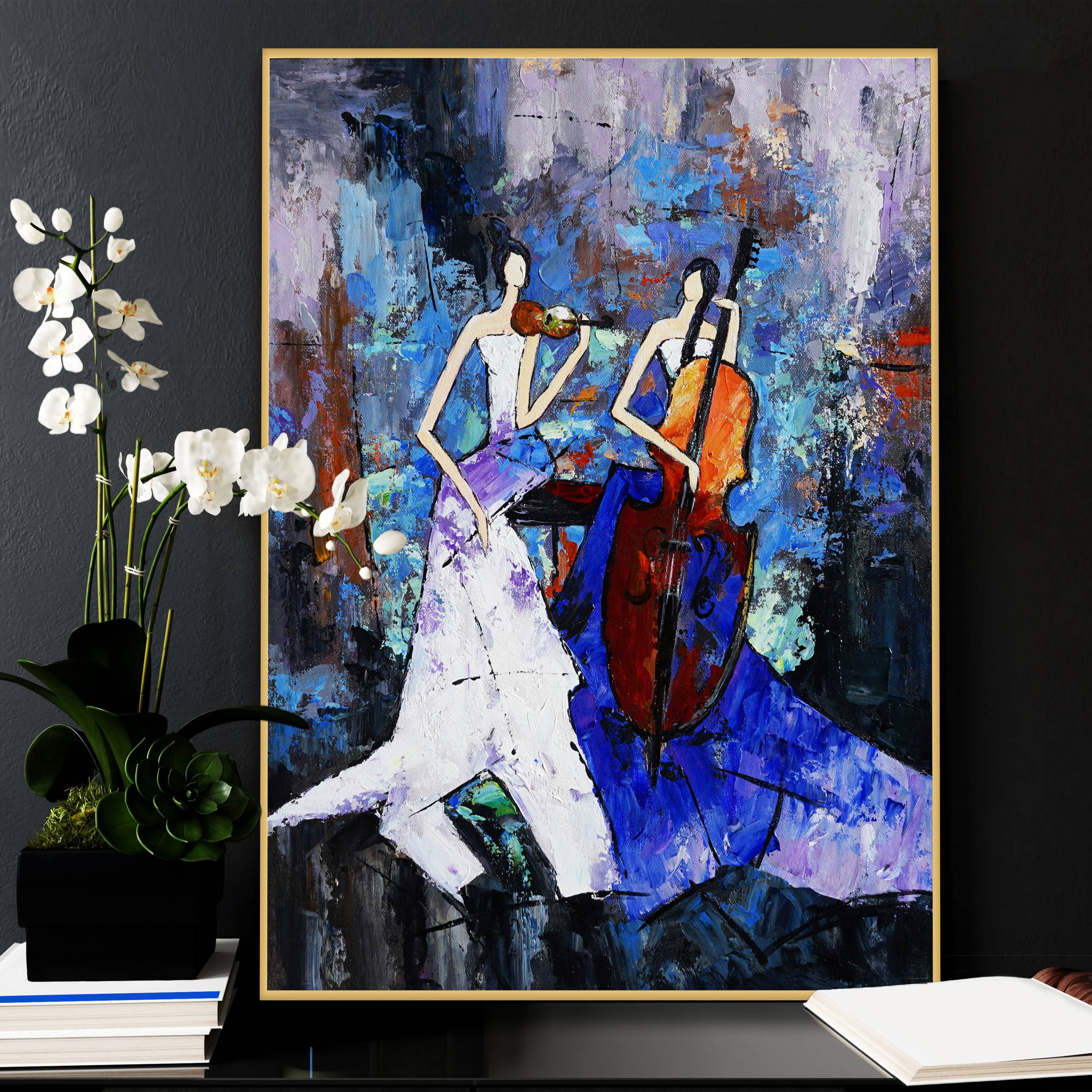 Dipinto astratto di due musiciste con violino e violoncello