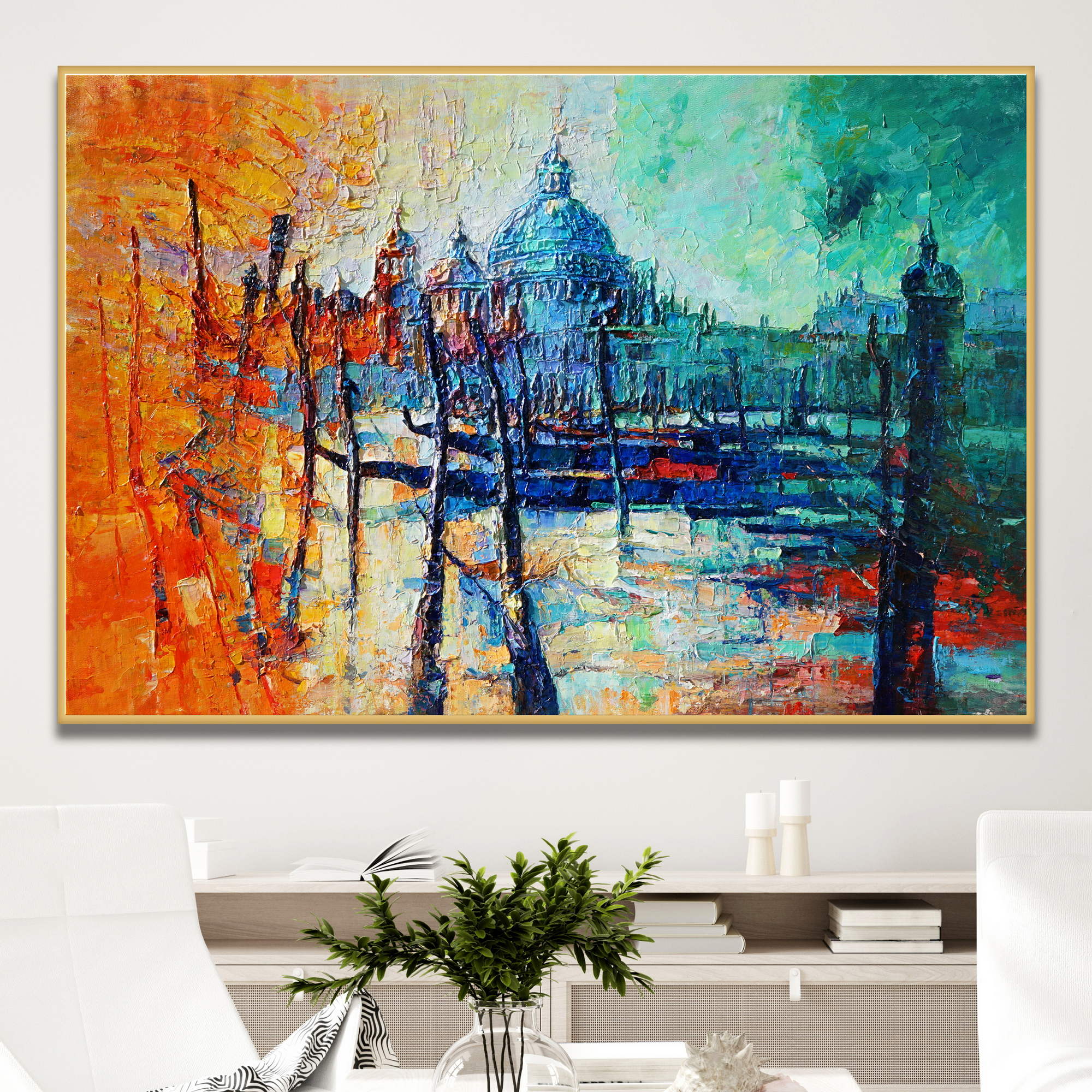Gondoles abstraites du canal de Venise peintes à la main 100x150cm
