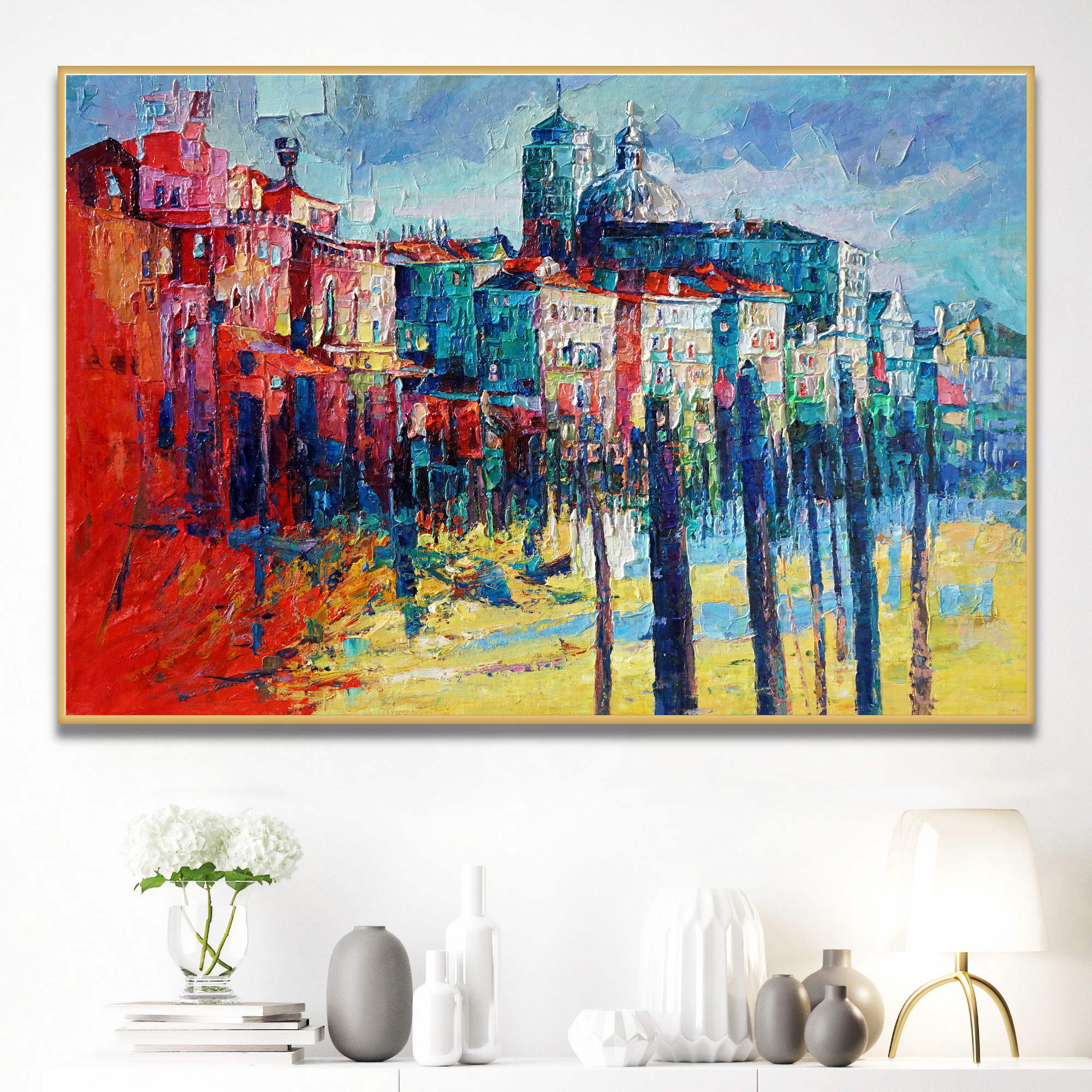 Canal vénitien abstrait peint à la main 100x150cm