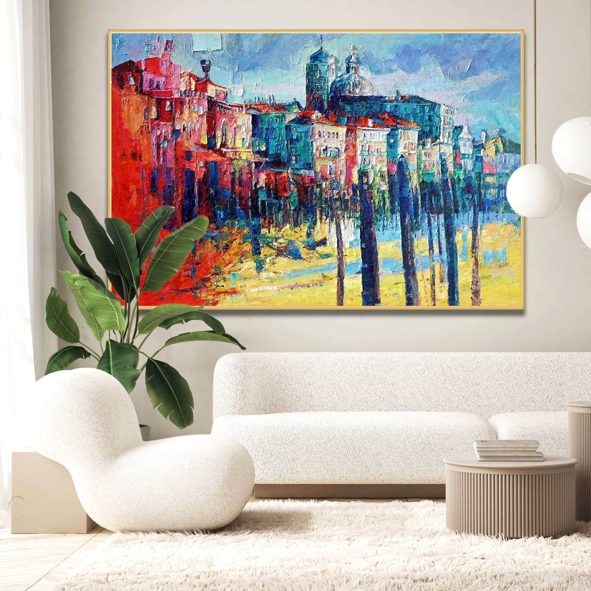 Dipinto di una scena urbana colorata con stile espressionista