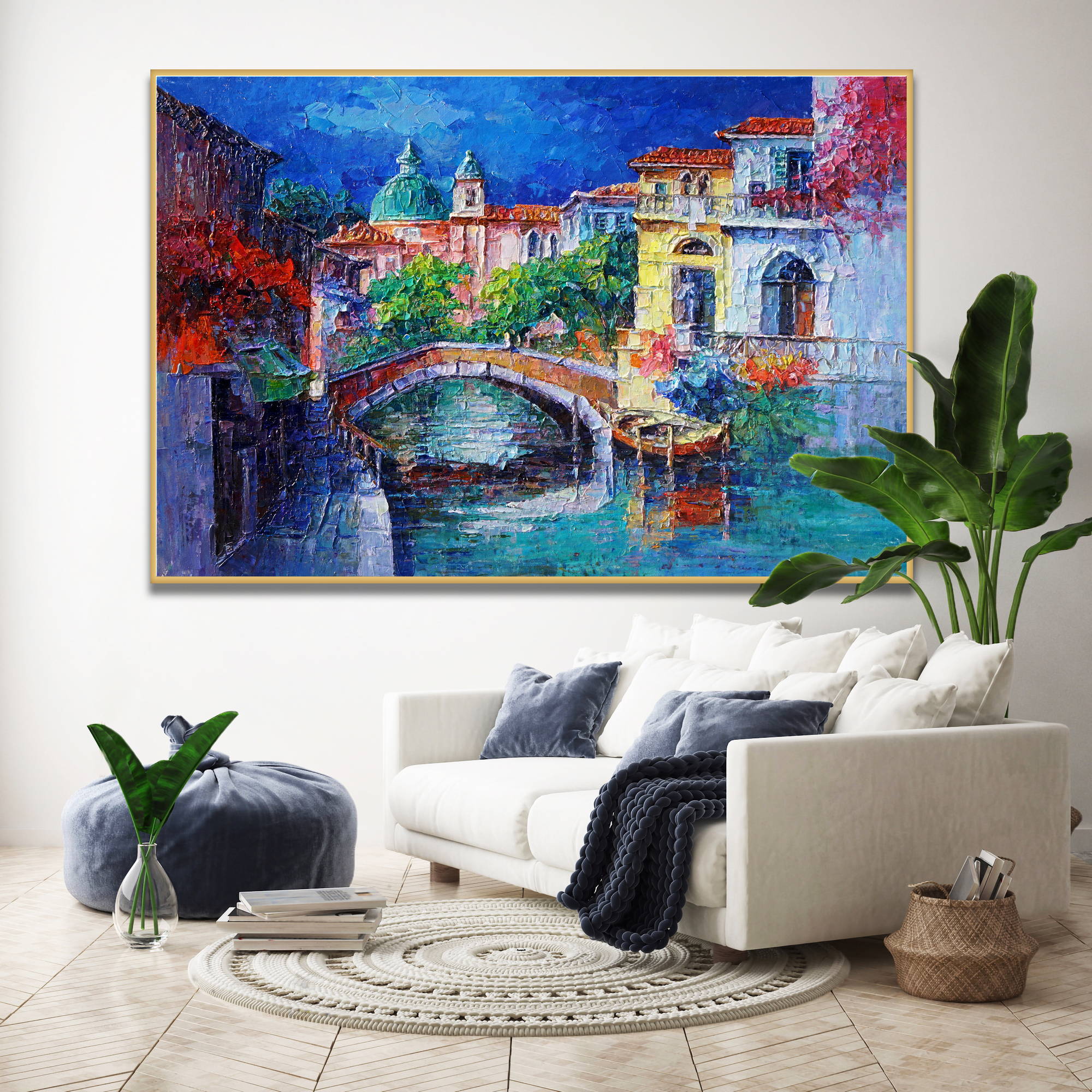 Dipinto con canale di Venezia, ponte in pietra e barca