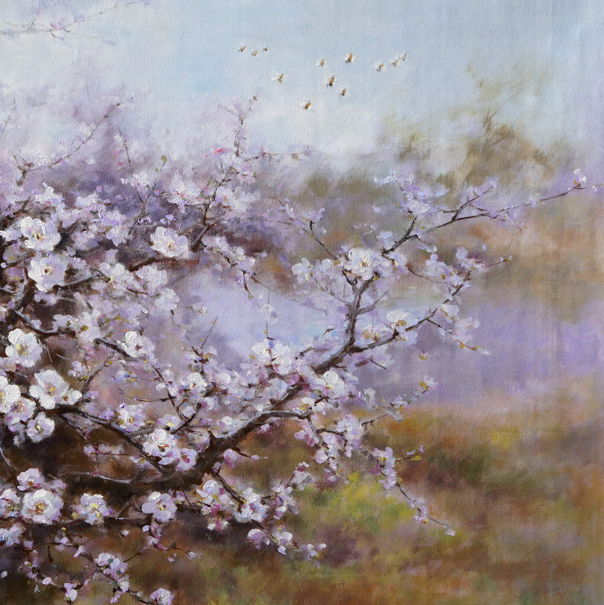 Printemps en fleurs de cerisier peint à la main 100x150cm