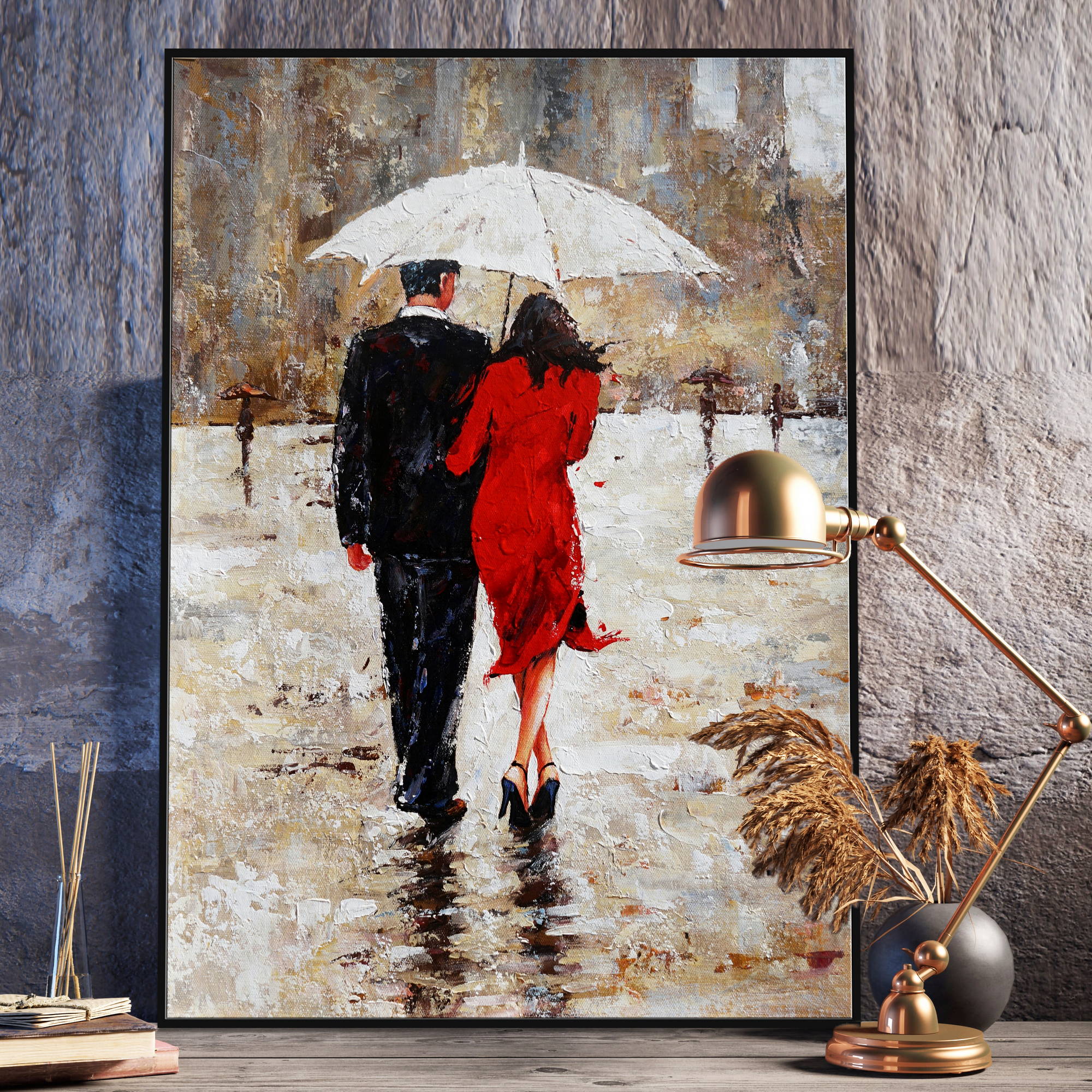 Dipinto di una coppia che si ripara dalla pioggia con un ombrello bianco, con la donna che indossa un abito rosso.