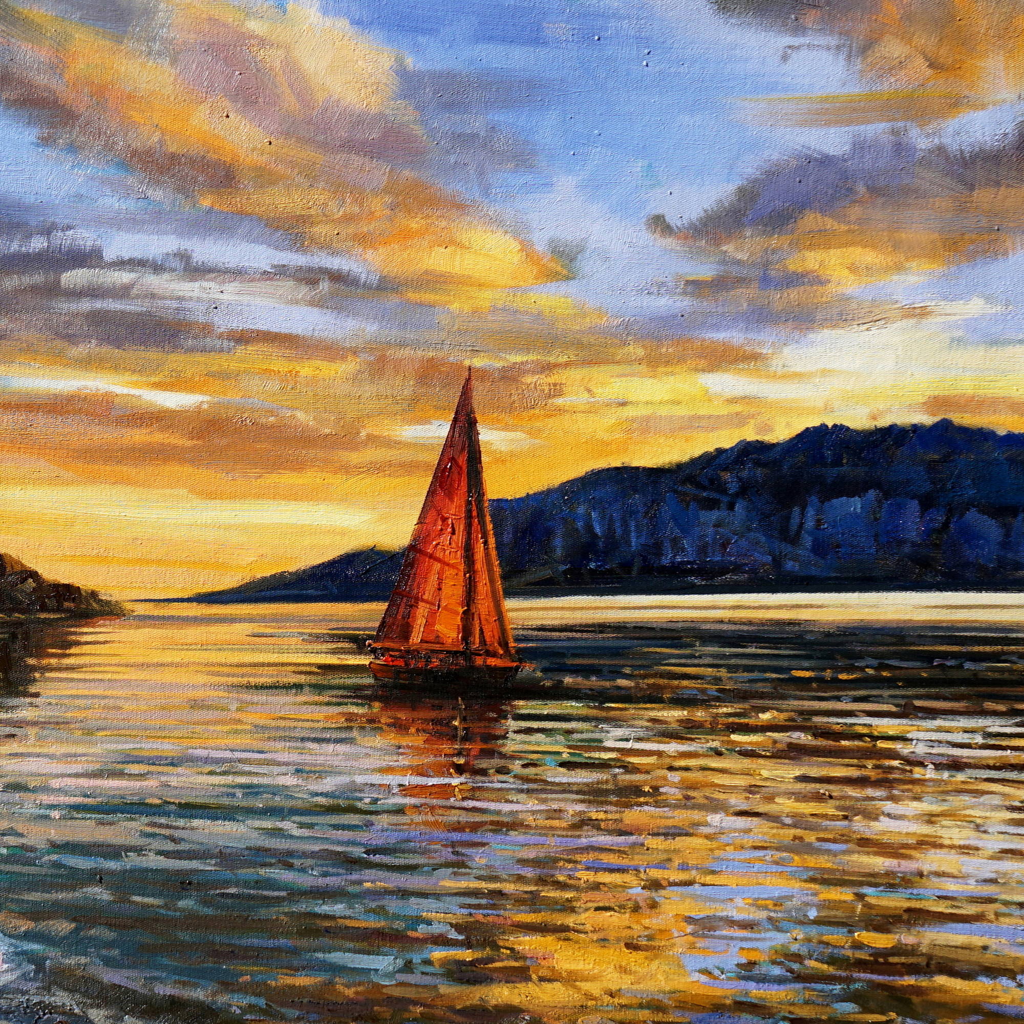 Hand painted Malcesine at sunset 75x115cm