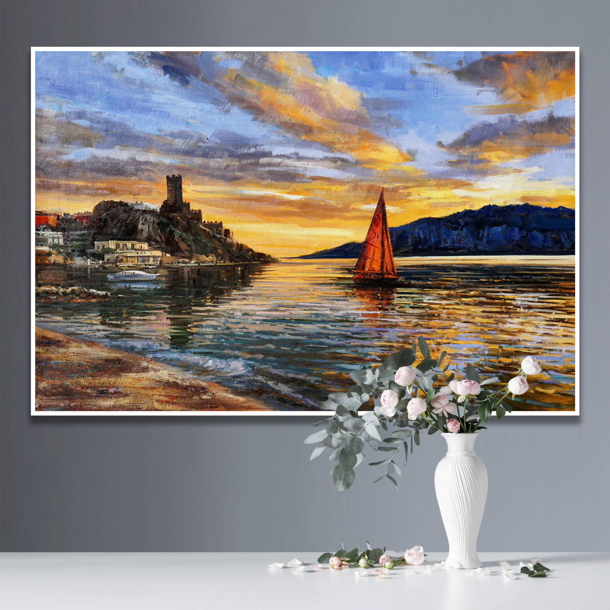 Hand painted Malcesine at sunset 75x115cm