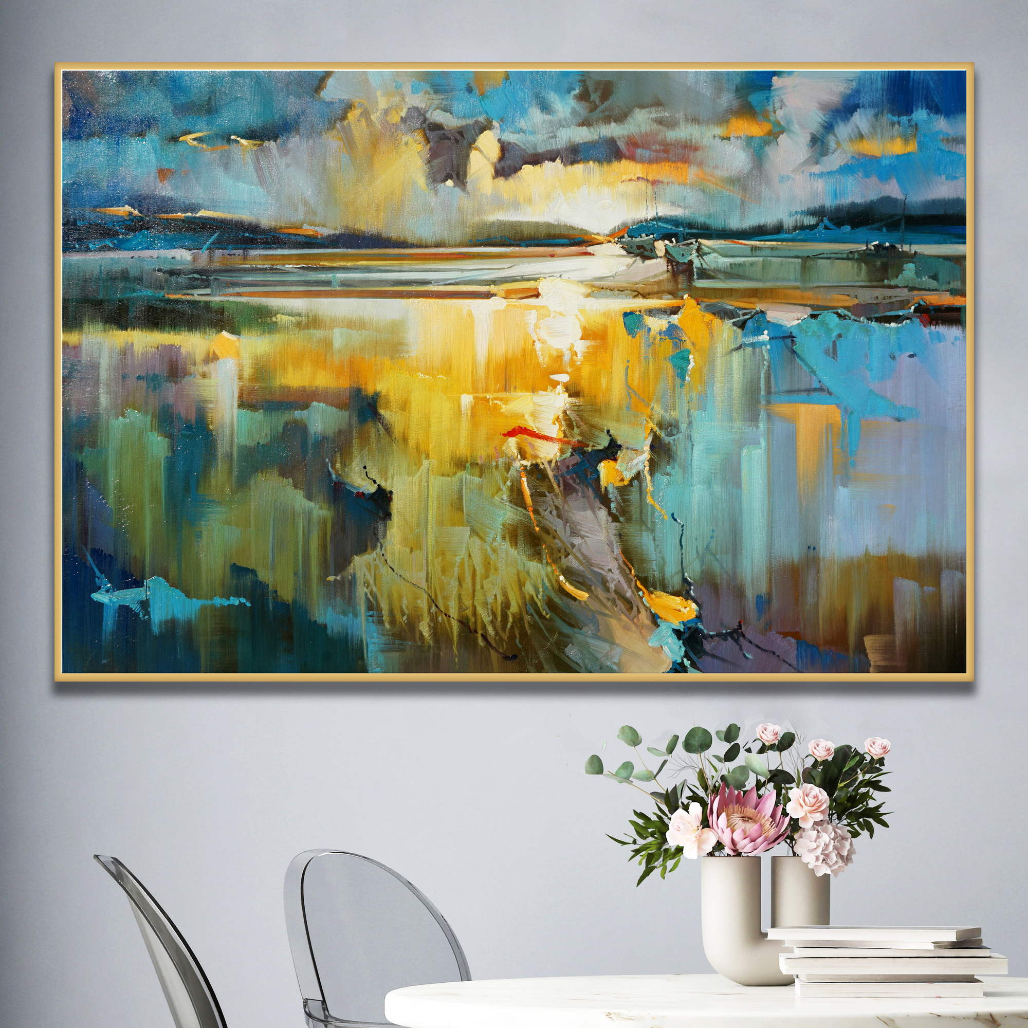 Paysage abstrait peint à la main Coucher de soleil sur la mer 100x150cm