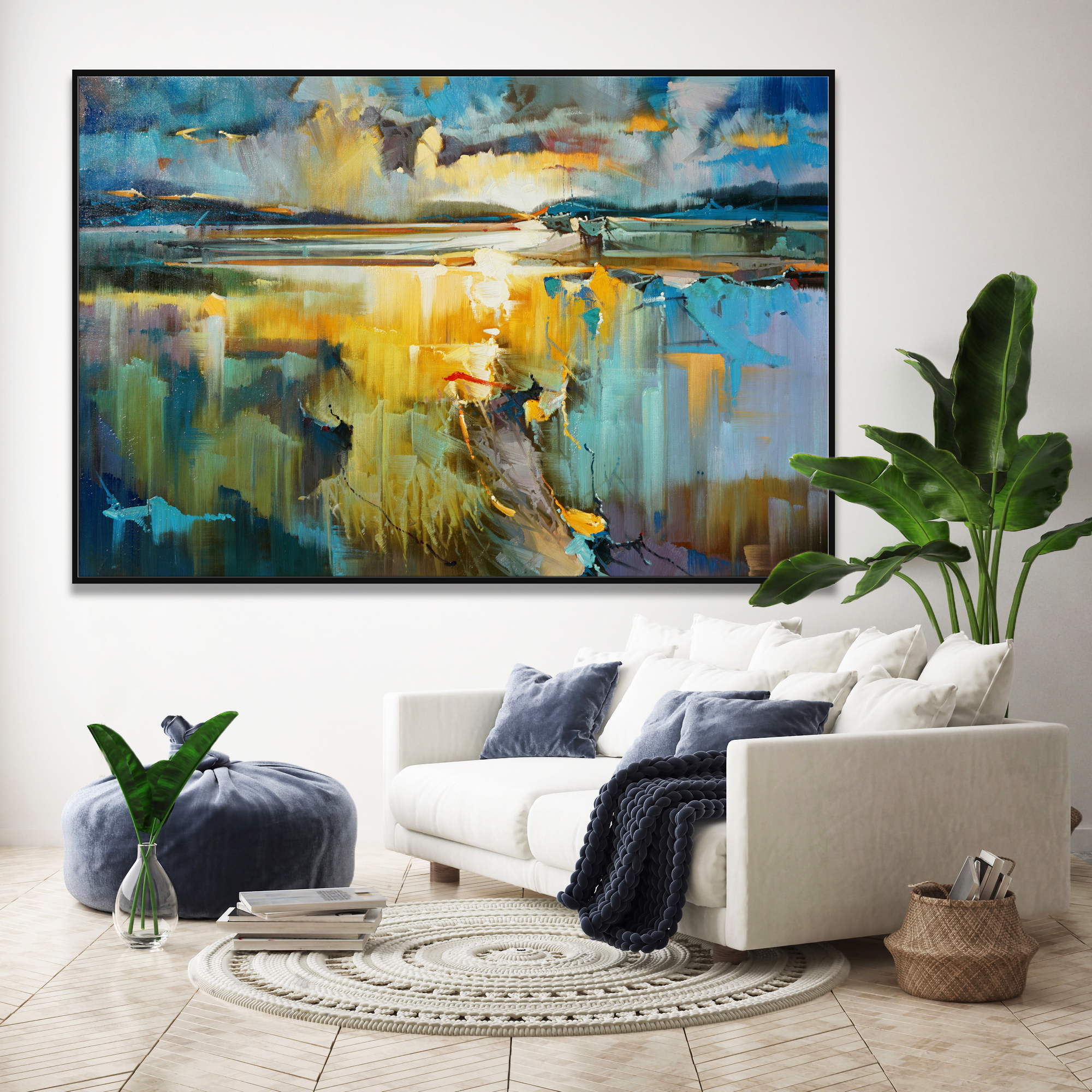Paysage abstrait peint à la main Coucher de soleil sur la mer 100x150cm