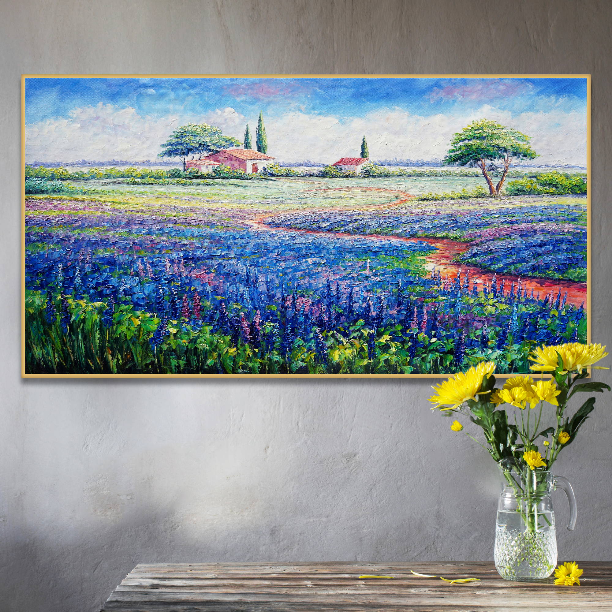 Dipinto di paesaggio campestre con campo di fiori e case rurali