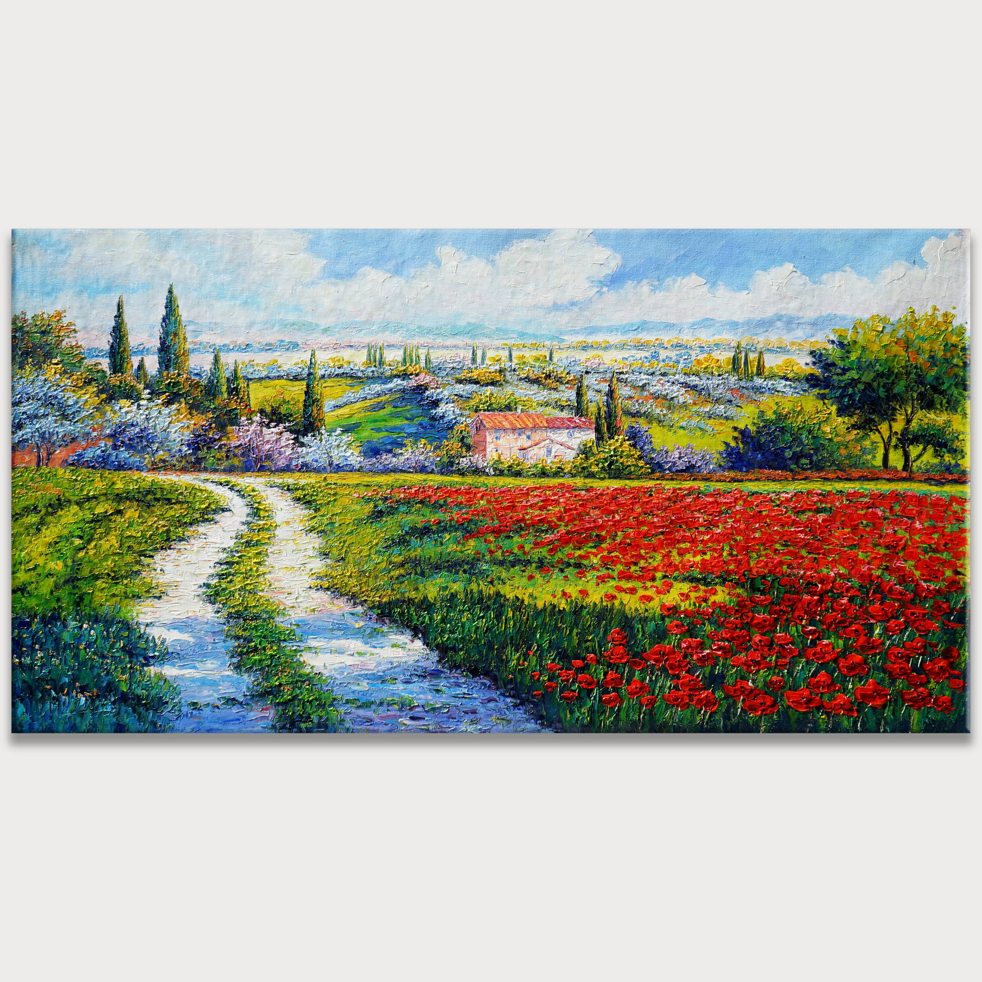 Paysage champêtre peint à la main Coquelicots Cyprès 60x120cm