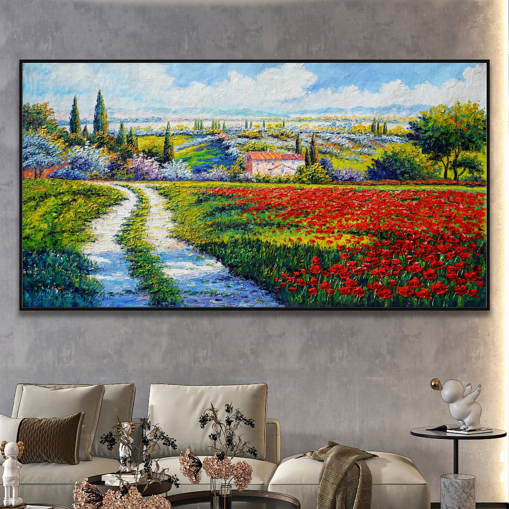 Paysage champêtre peint à la main Coquelicots Cyprès 60x120cm