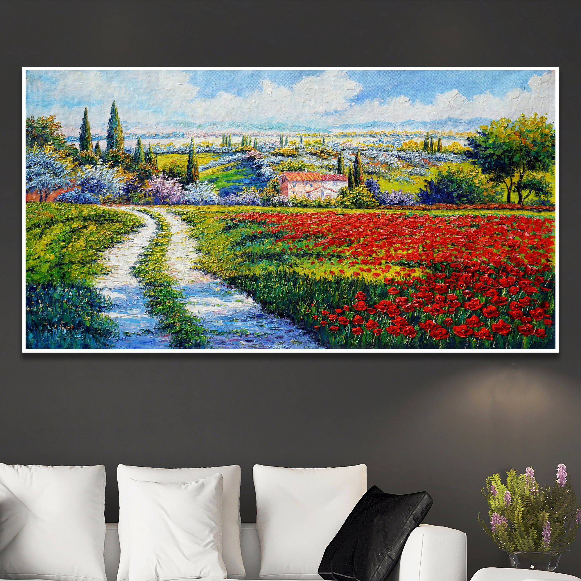 Hand painted Country Landscape Poppies Cypresses 60x120cm