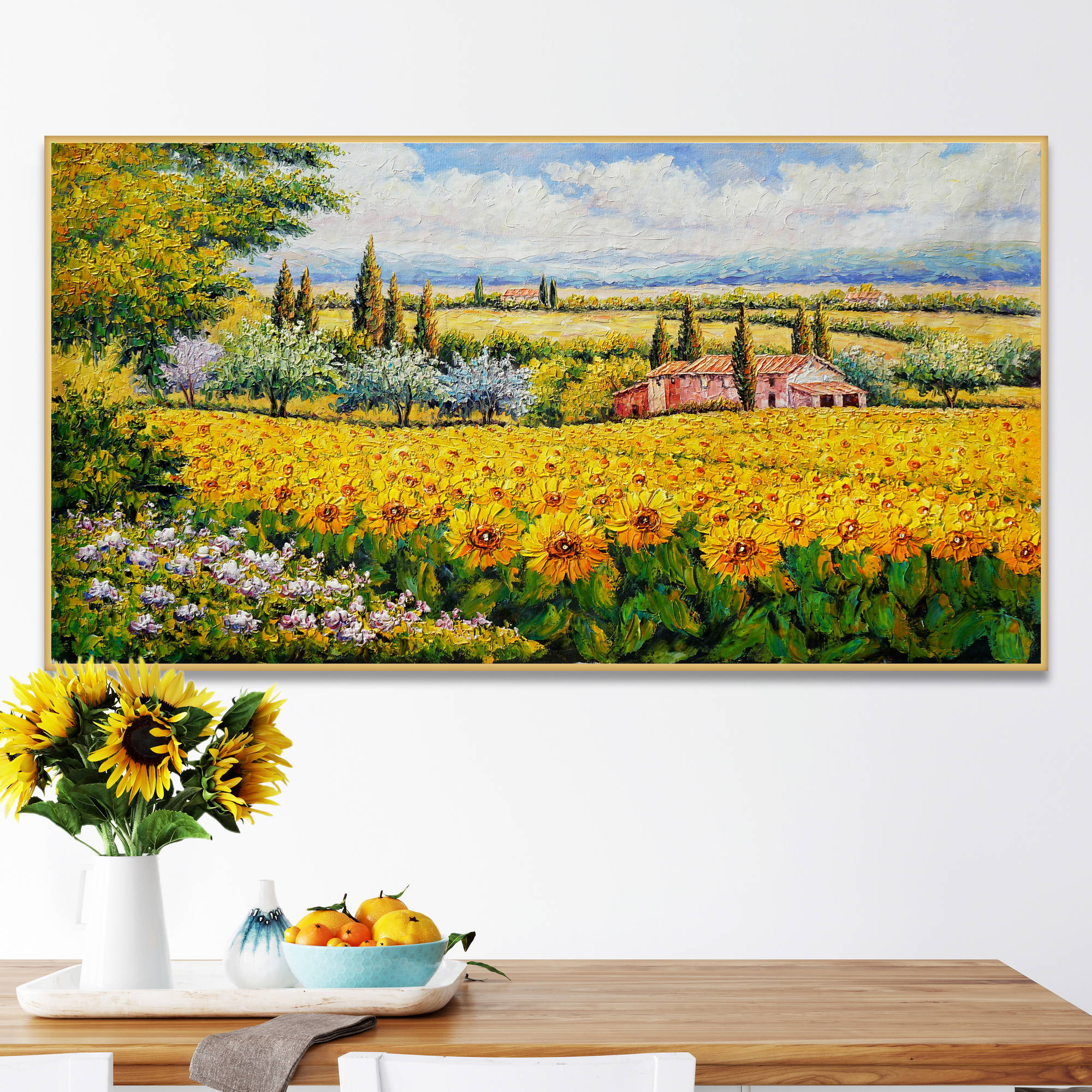 Hand painted Landscape with Sunflower Field 60x120cm