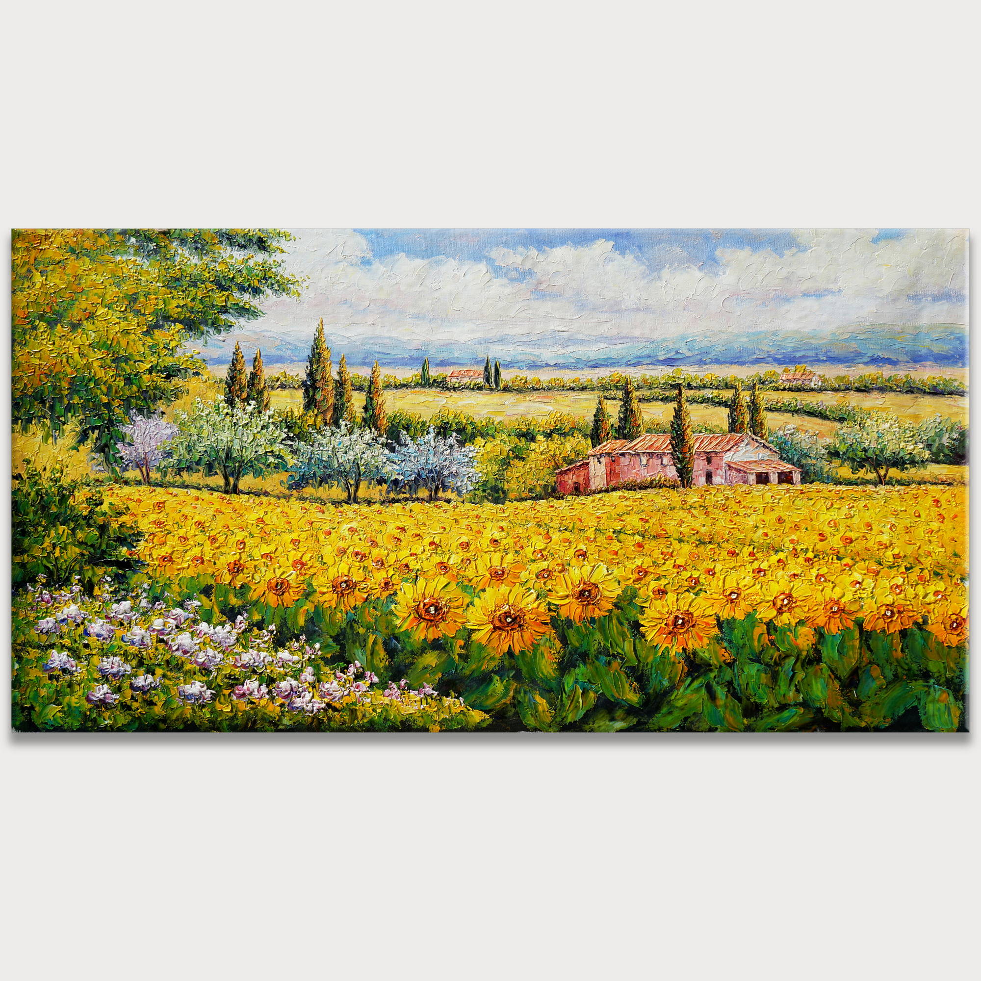 Paysage peint à la main avec champ de tournesols 60x120cm