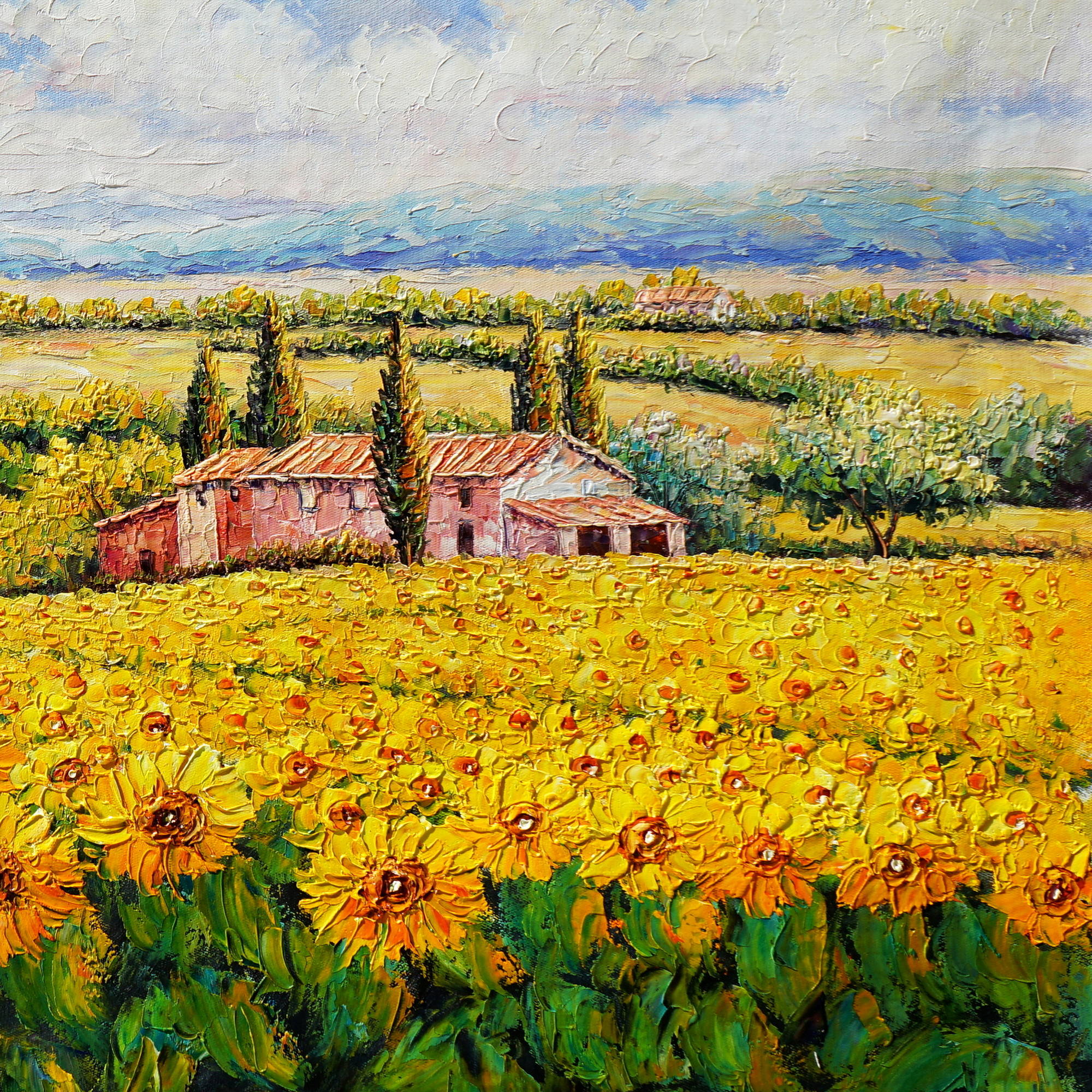 Paysage peint à la main avec champ de tournesols 60x120cm