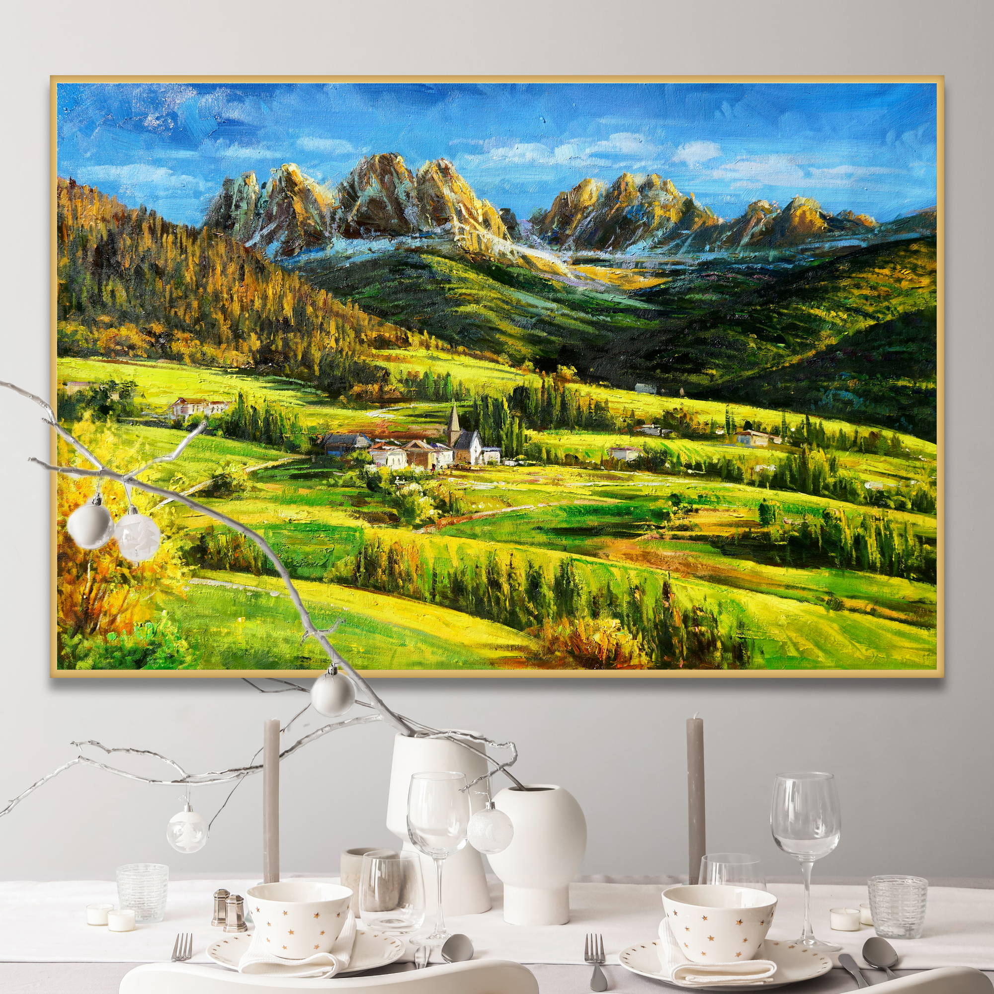 Dipinto di un paesaggio dolomitico con valli verdi e insediamenti nella luce del giorno