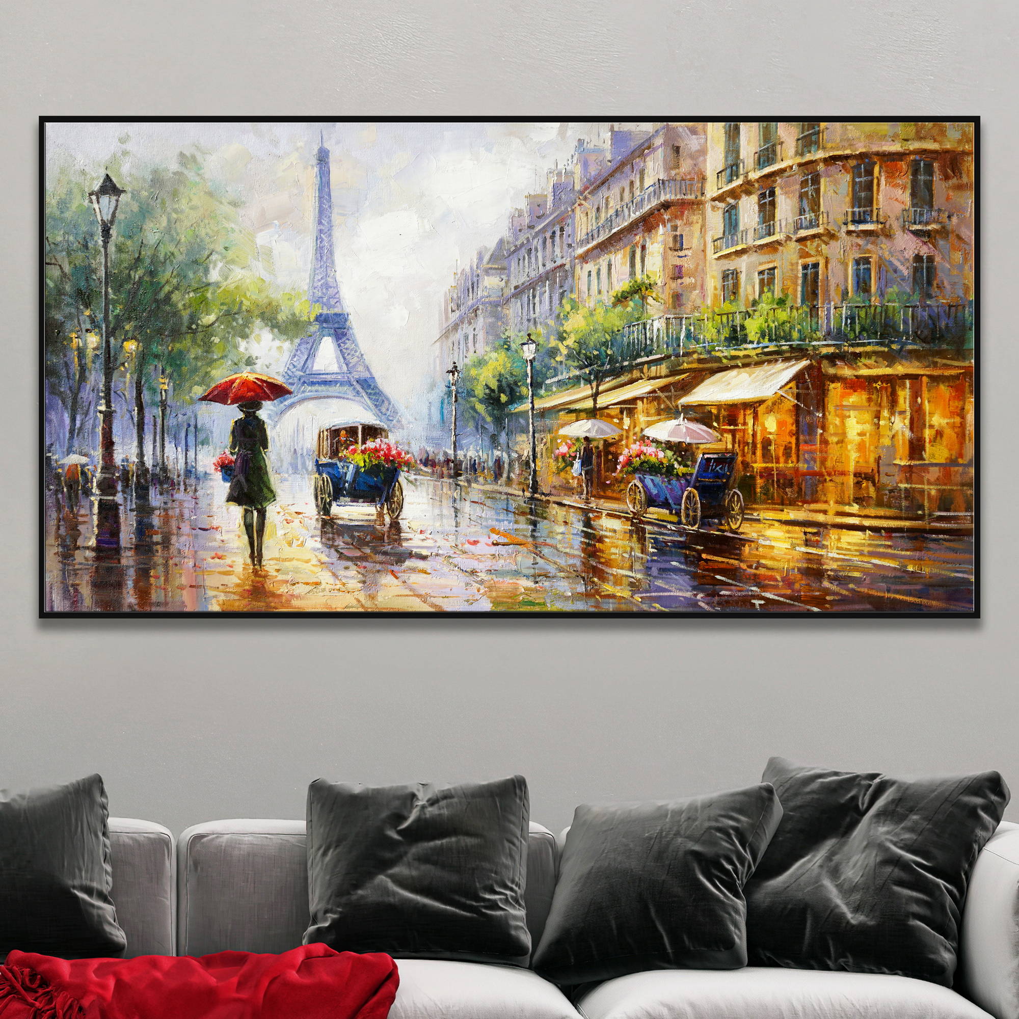 Dipinto di una pittoresca strada di Parigi in un giorno piovoso con la Tour Eiffel sullo sfondo.
