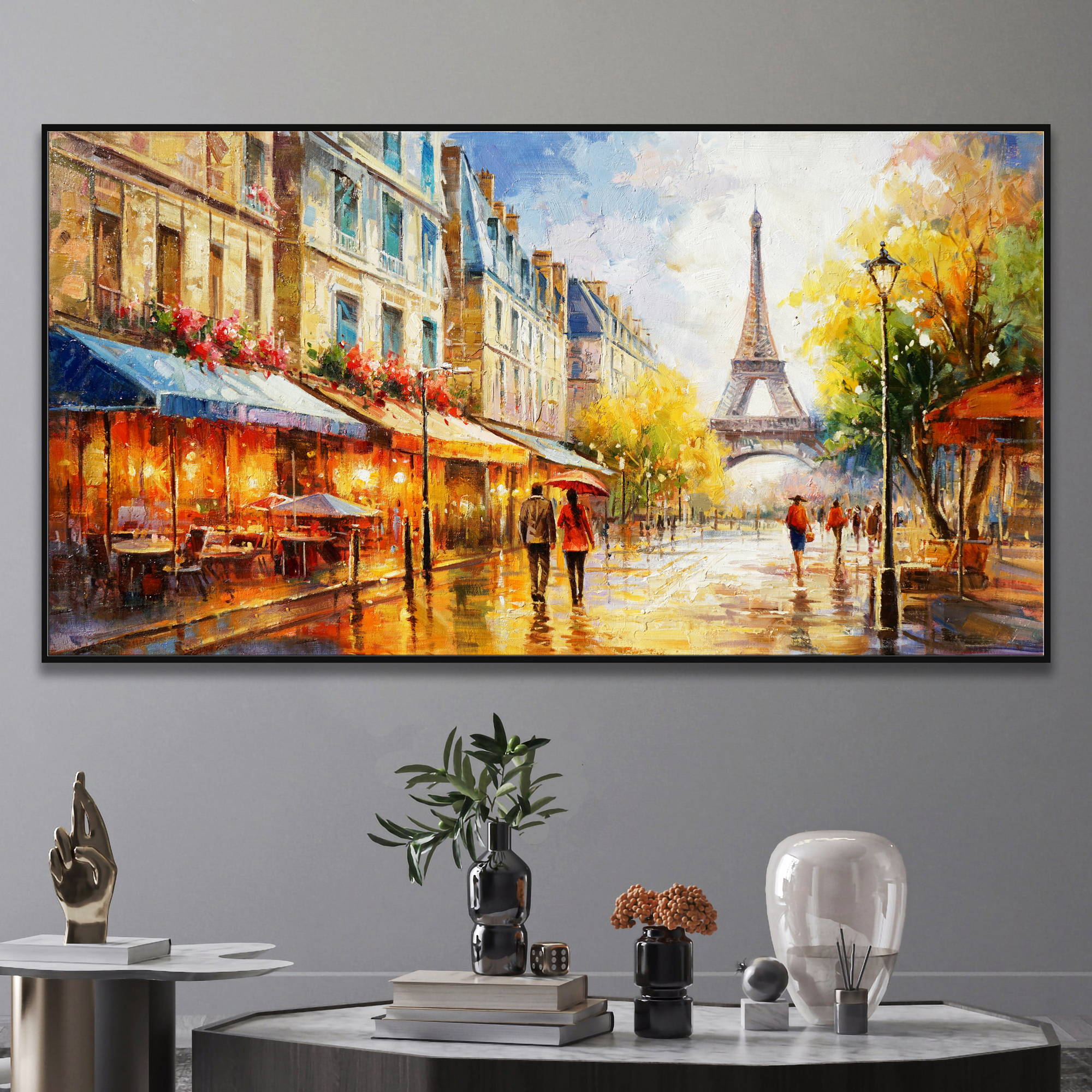 Dipinto ad olio di una strada a Parigi con la Torre Eiffel sullo sfondo