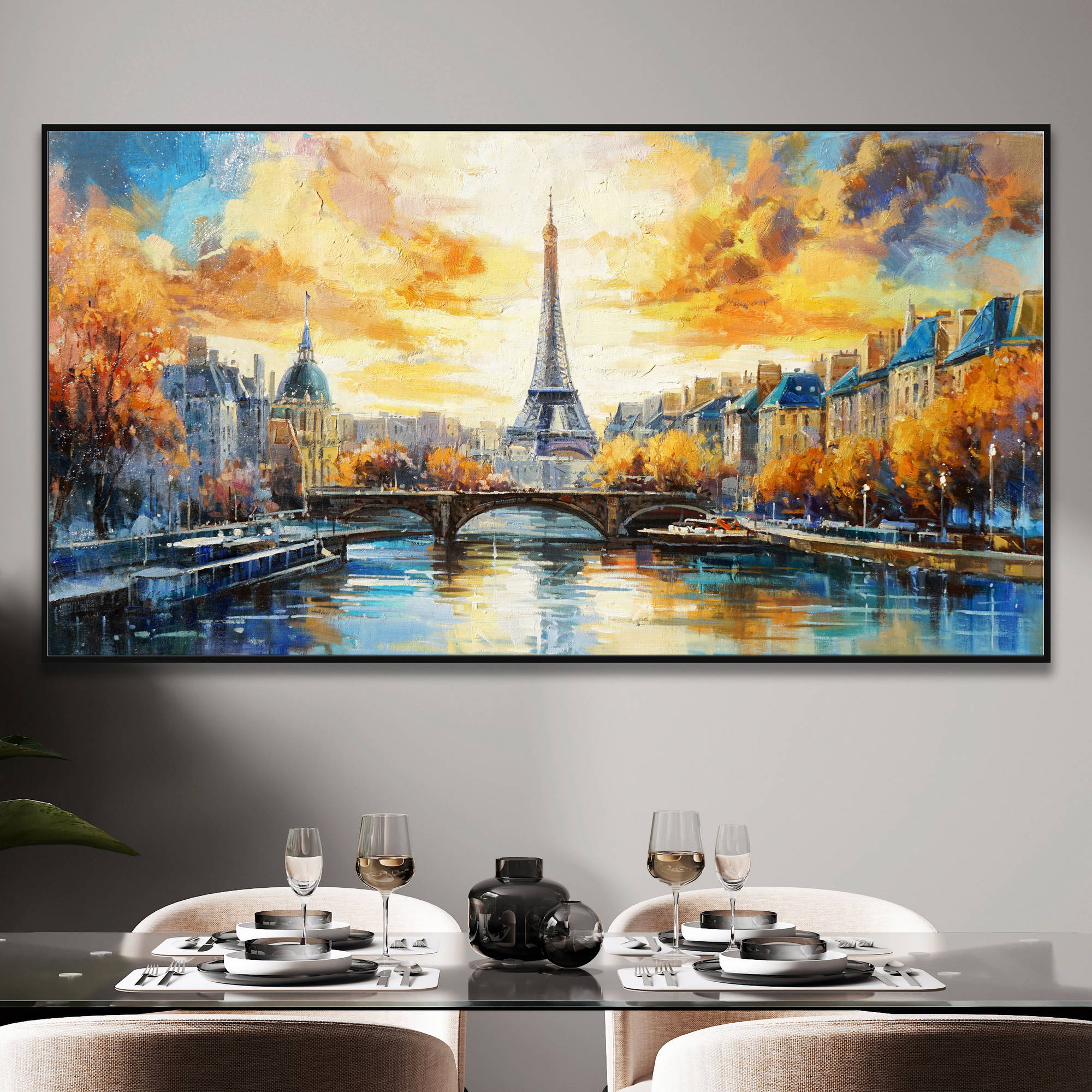 Pittura impressionista con Torre Eiffel, la Senna, alberi autunnali e cielo al tramonto a Parigi