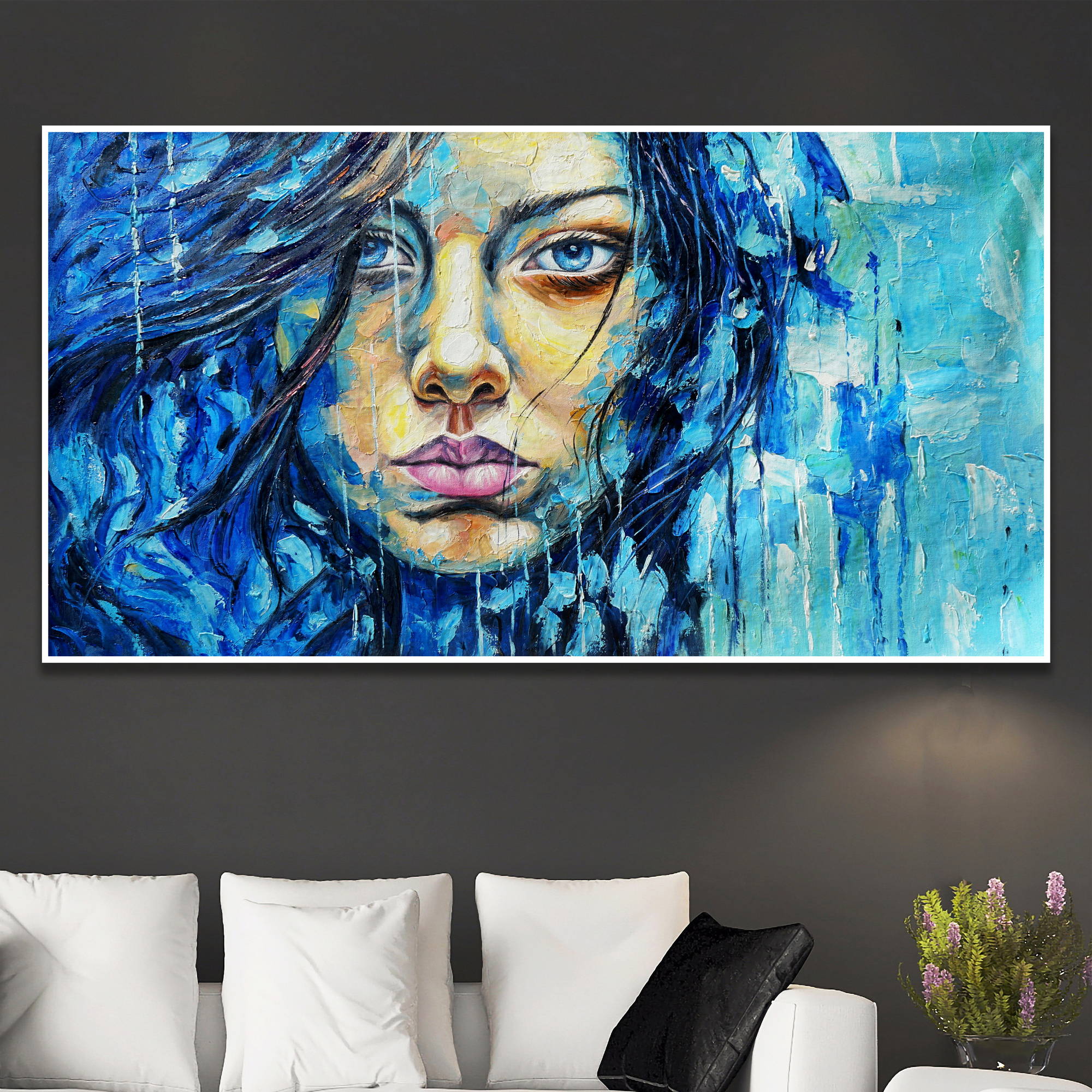 Portrait abstrait visage de femme peint à la main 60x120cm