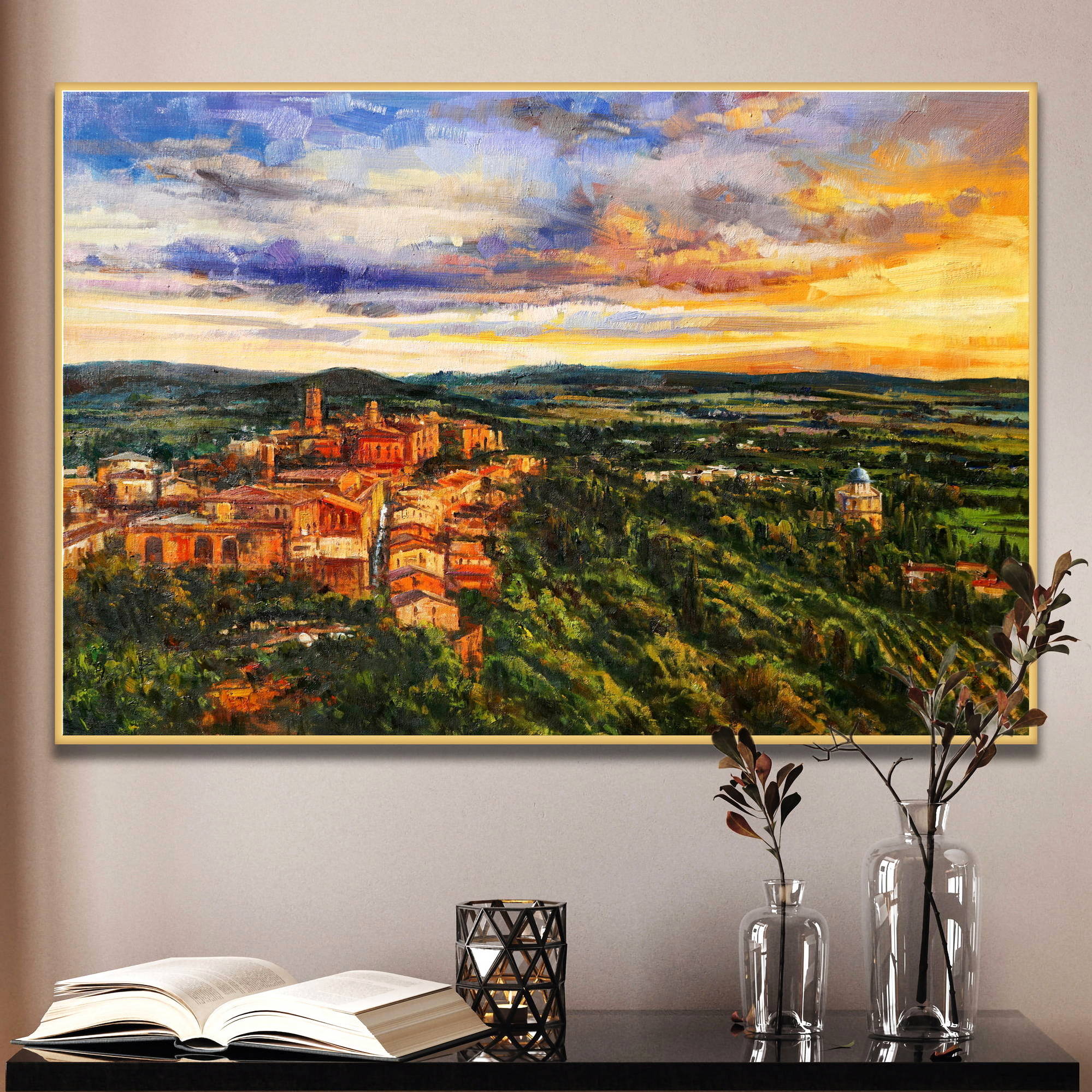 Toscane Montepulciano peinte à la main au coucher du soleil 75x115cm