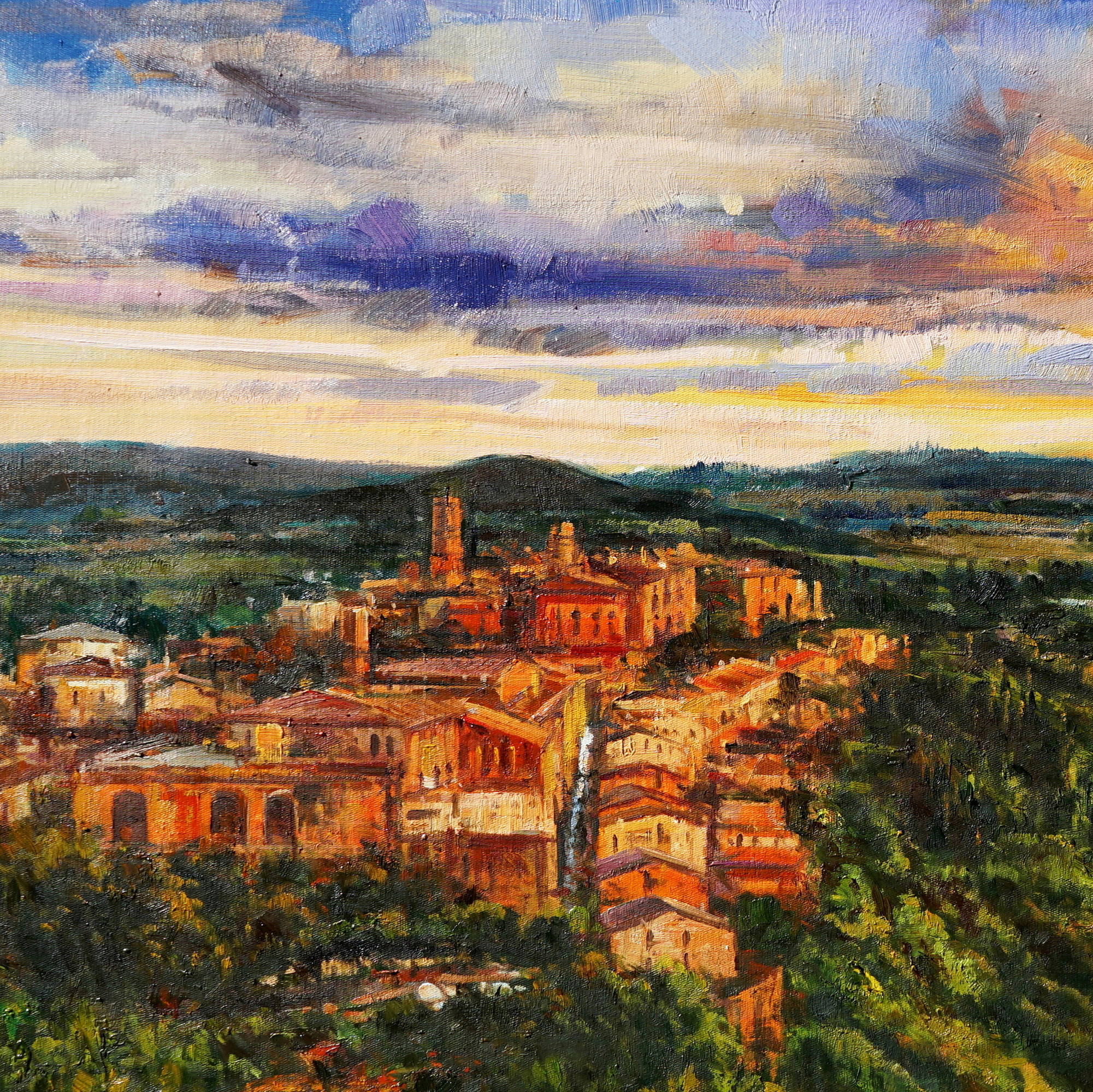 Dipinto a mano Toscana Montepulciano al Tramonto 75x115cm