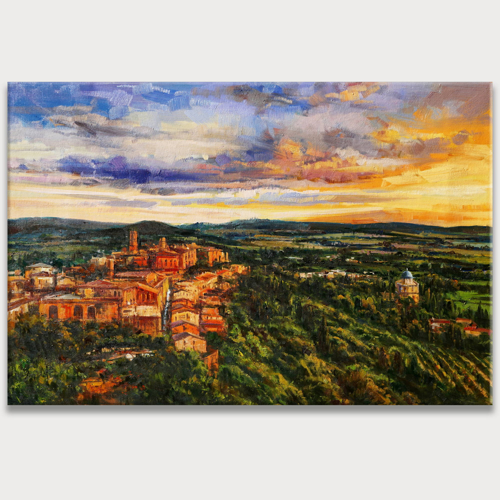 Dipinto a mano Toscana Montepulciano al Tramonto 75x115cm
