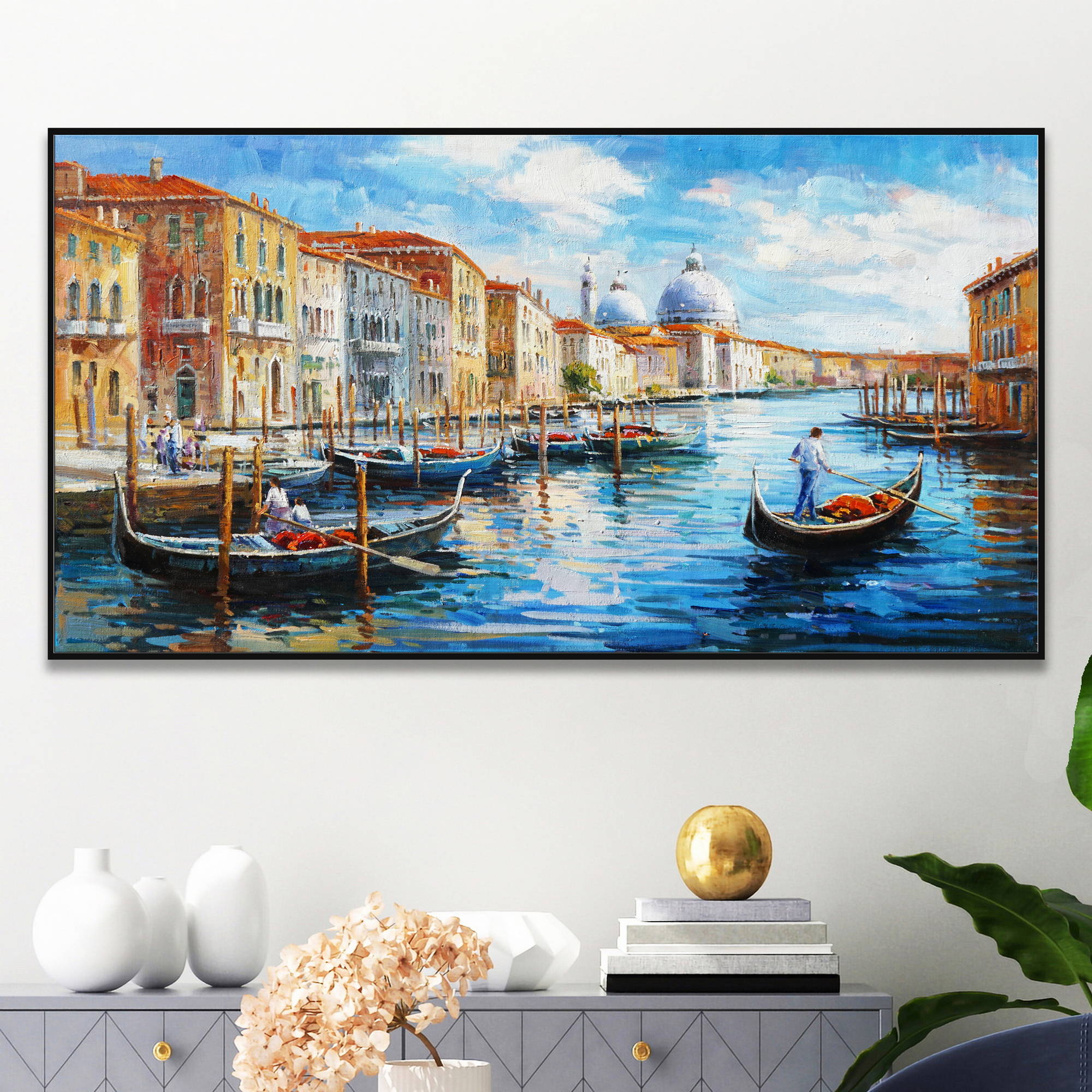 Pittura a olio di Venezia con gondole e architettura classica.