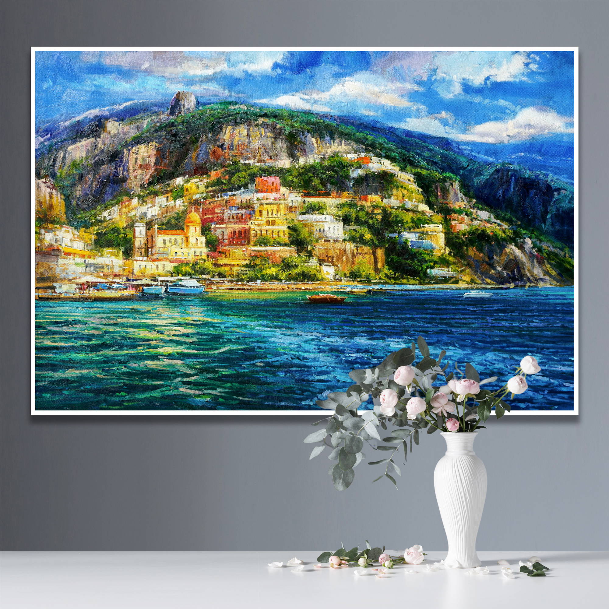 Vue peinte à la main de la côte amalfitaine Amalfi 75x115cm