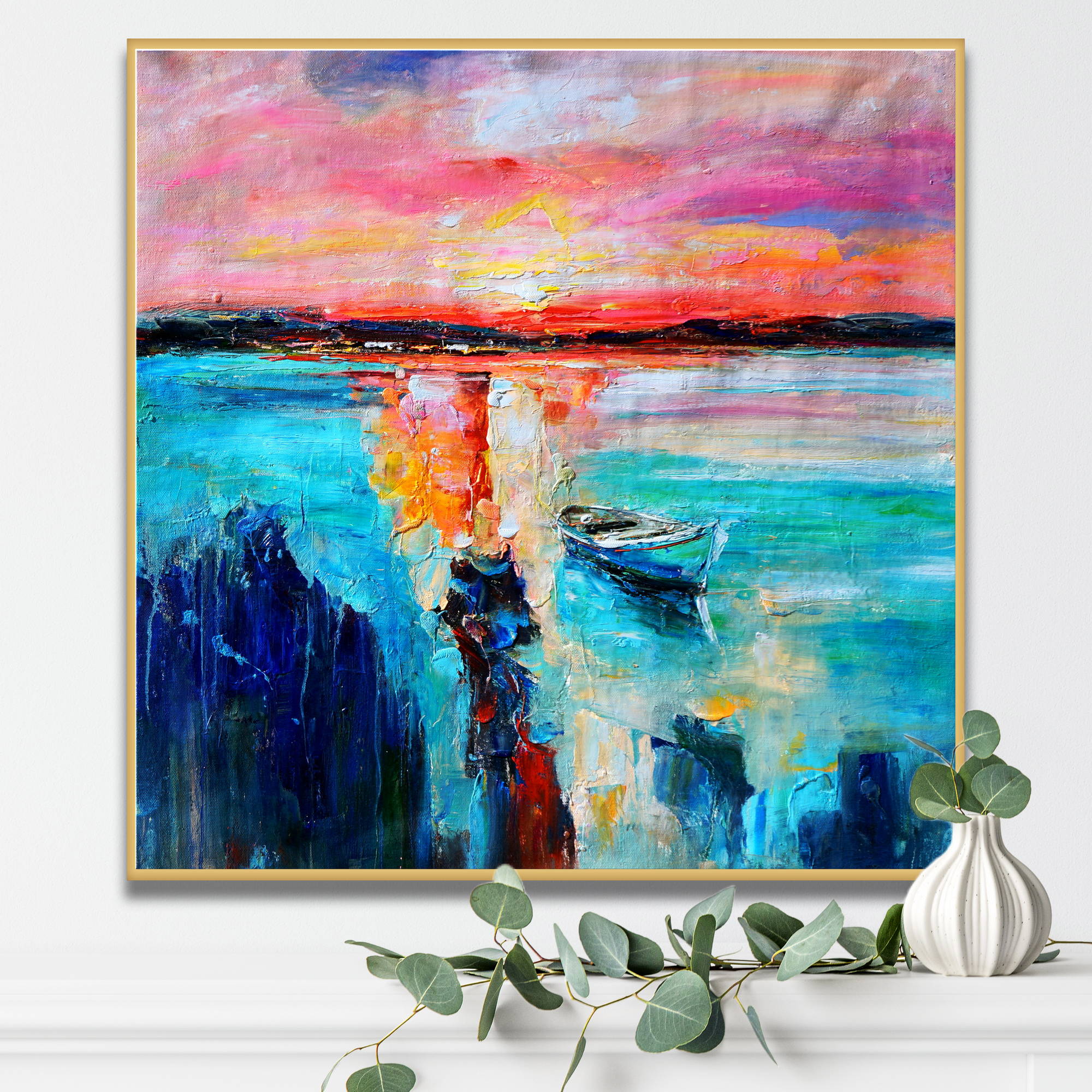Tableau abstrait Marina au coucher du soleil Couleurs vives 60x60cm