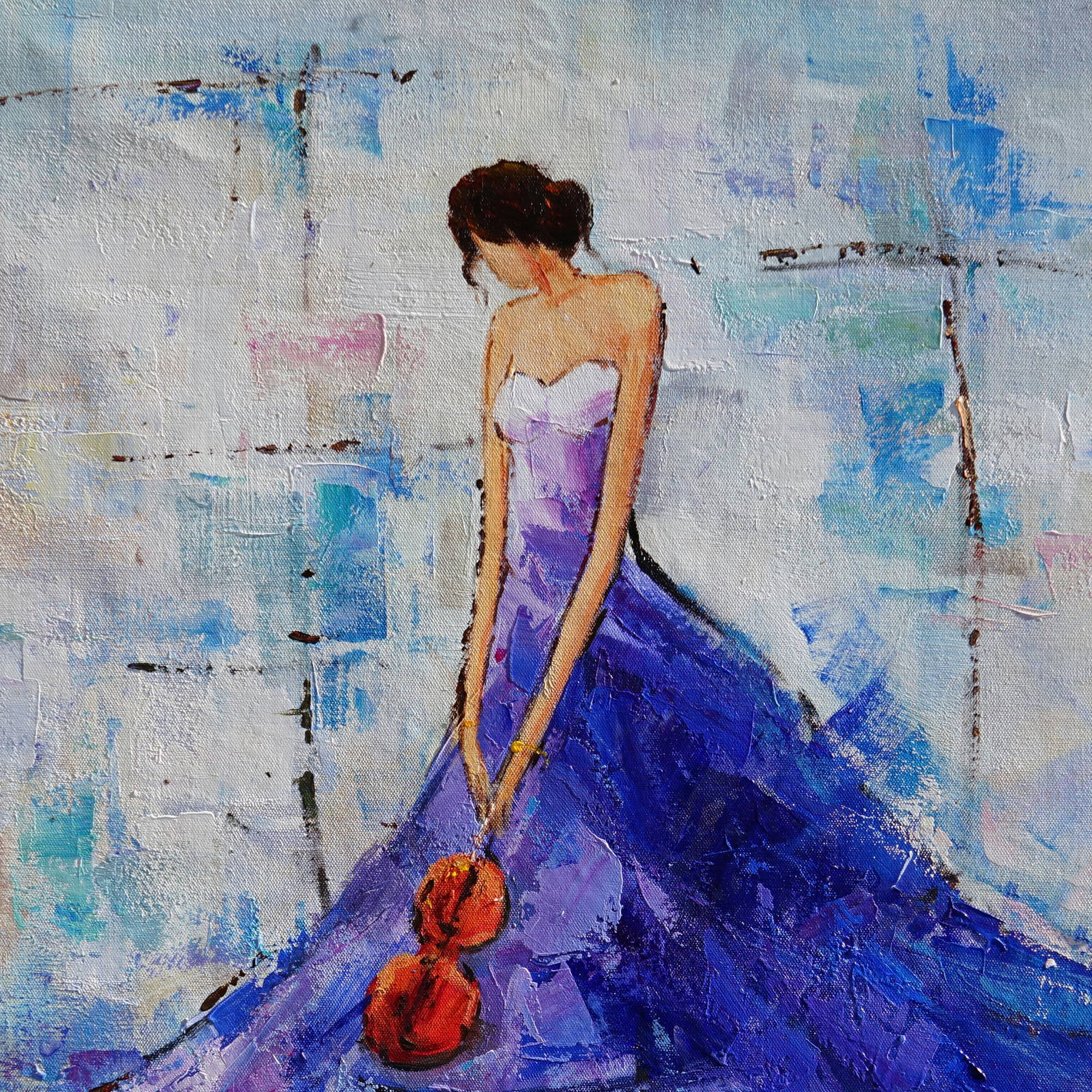 Femme élégante d'art moderne peinte à la main avec une robe bleue 80x120cm