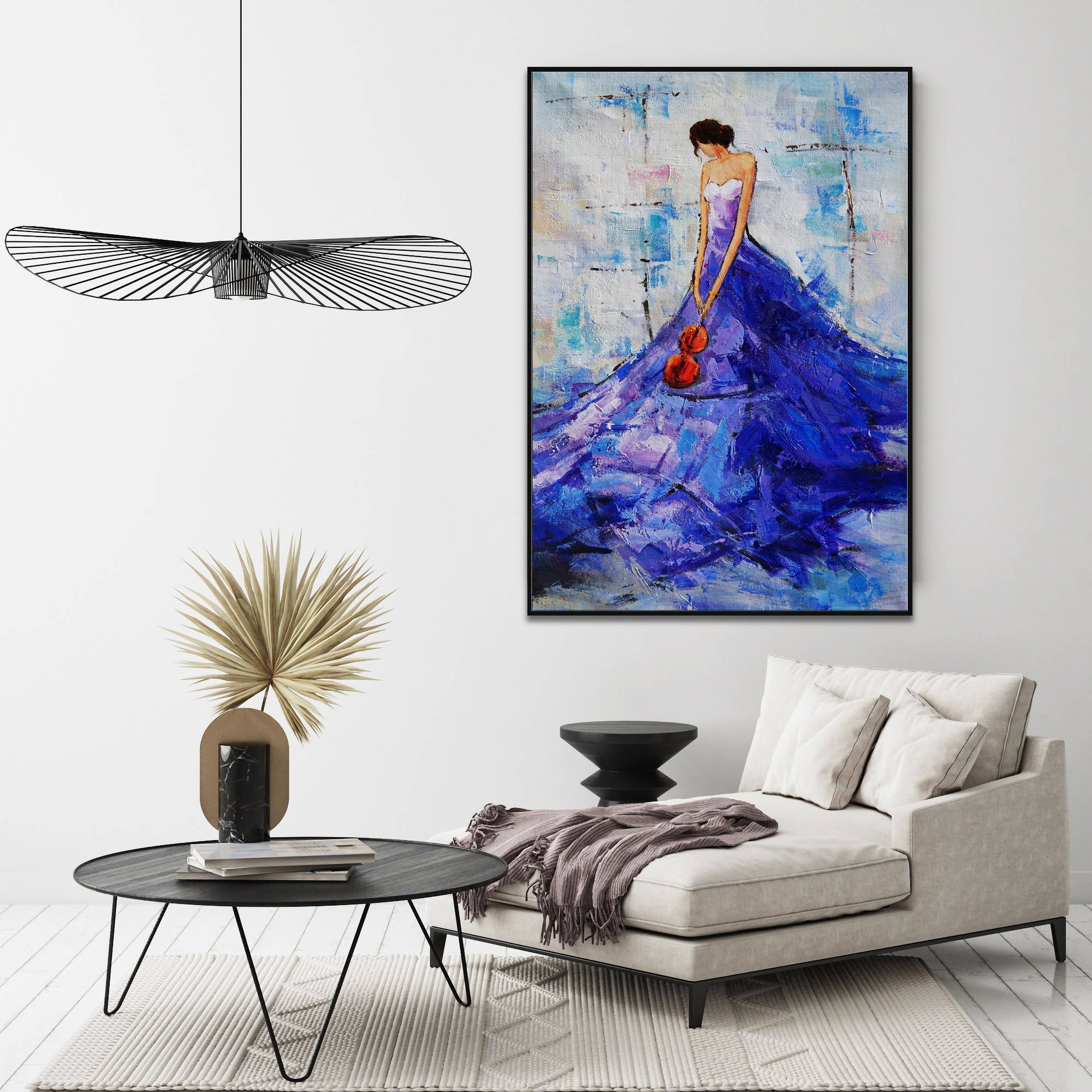 Femme élégante d'art moderne peinte à la main avec une robe bleue 80x120cm