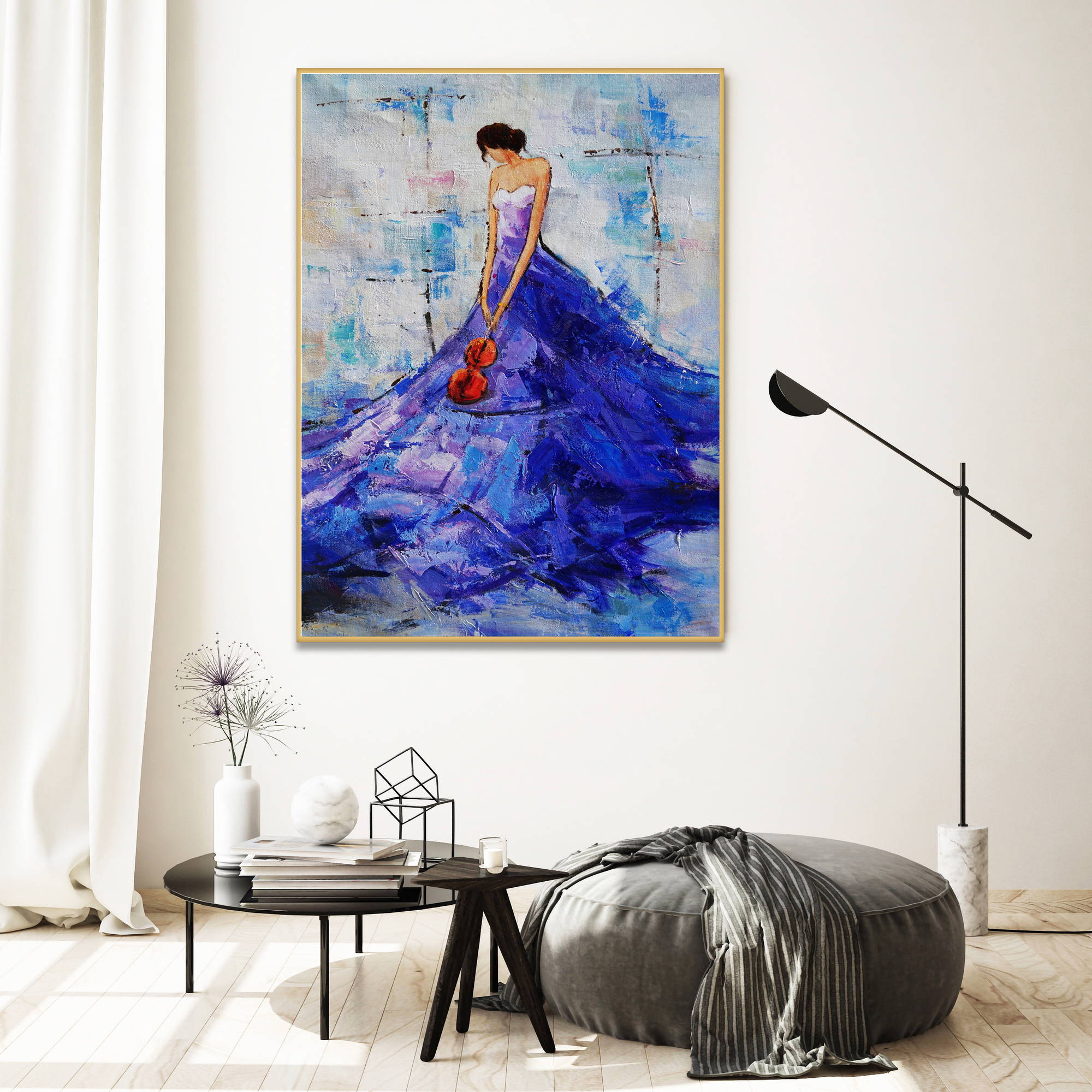 Dipinto a mano Arte Moderna Donna Elegante con Vestito Blu 80x120cm