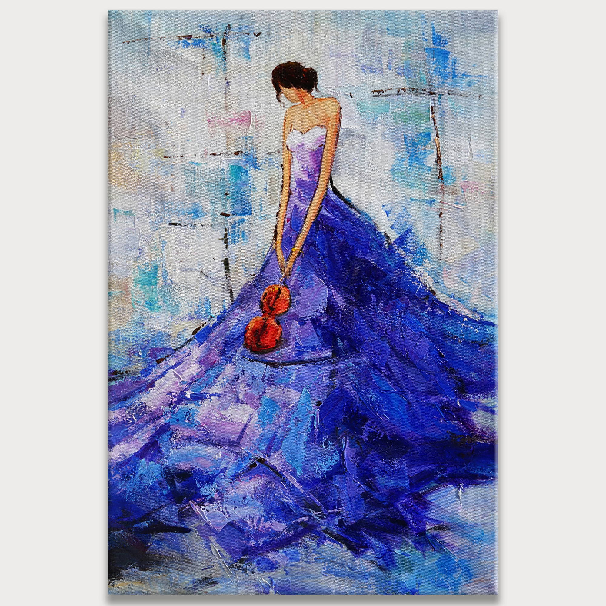 Dipinto a mano Arte Moderna Donna Elegante con Vestito Blu 80x120cm