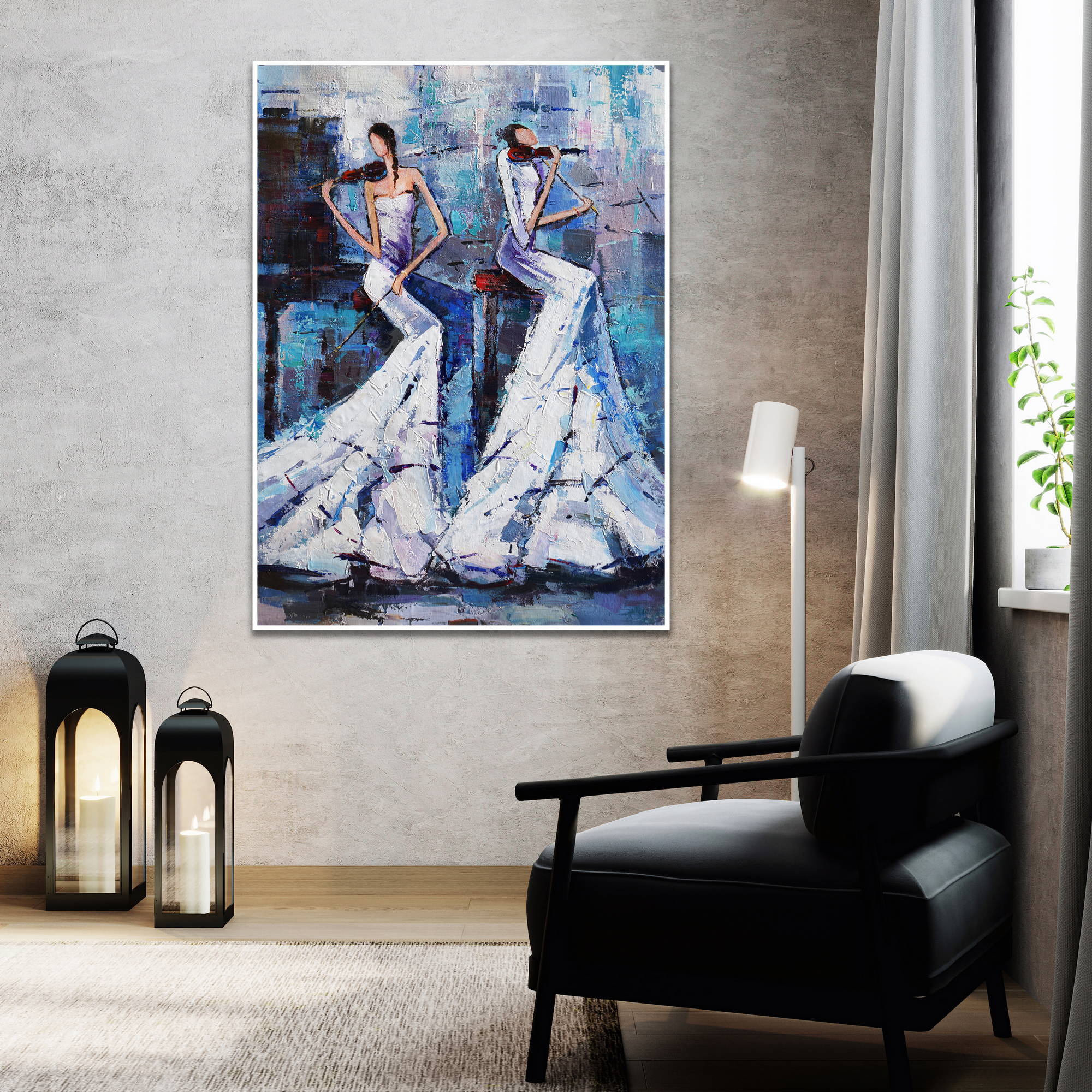 Art Moderne peint à la main Deux musiciens élégants 80x120cm
