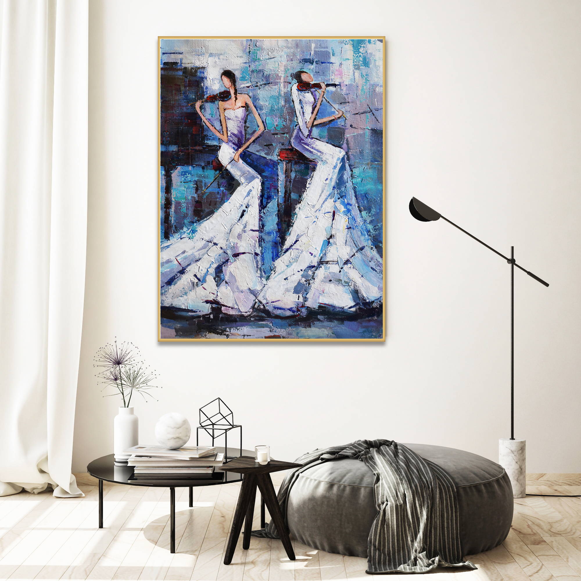 Art Moderne peint à la main Deux musiciens élégants 80x120cm