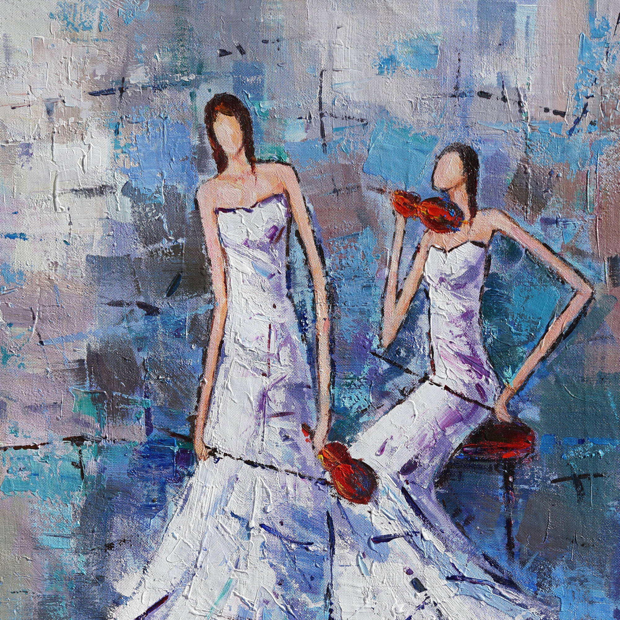 Art Moderne peint à la main Deux violonistes abstraits 80x120cm