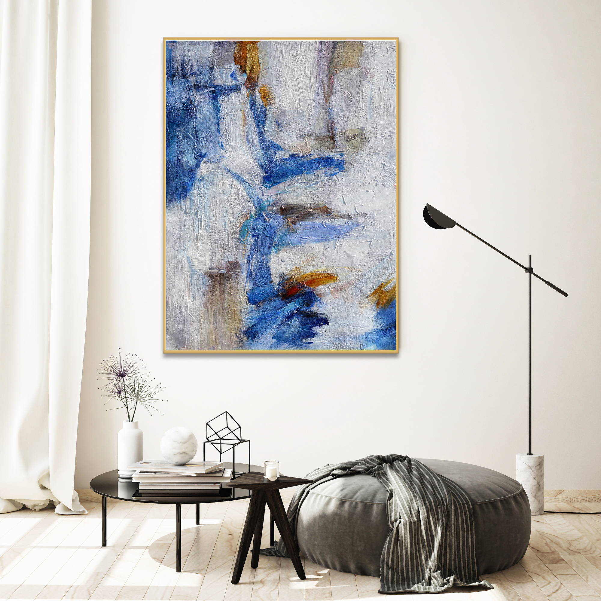 Abstrait peint à la main blanc et bleu 80x120cm