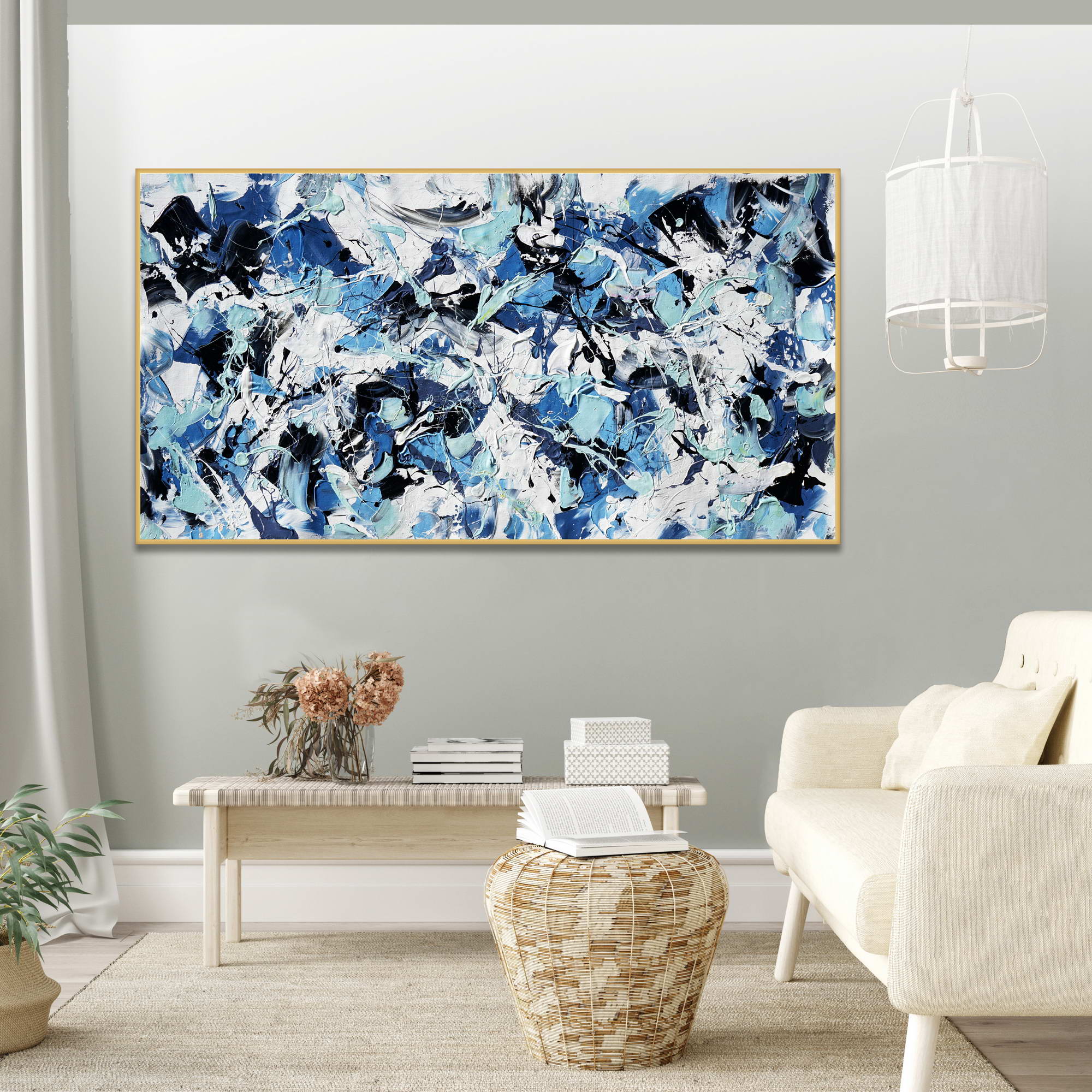 Matériau abstrait blanc et bleu peint à la main 75x150cm