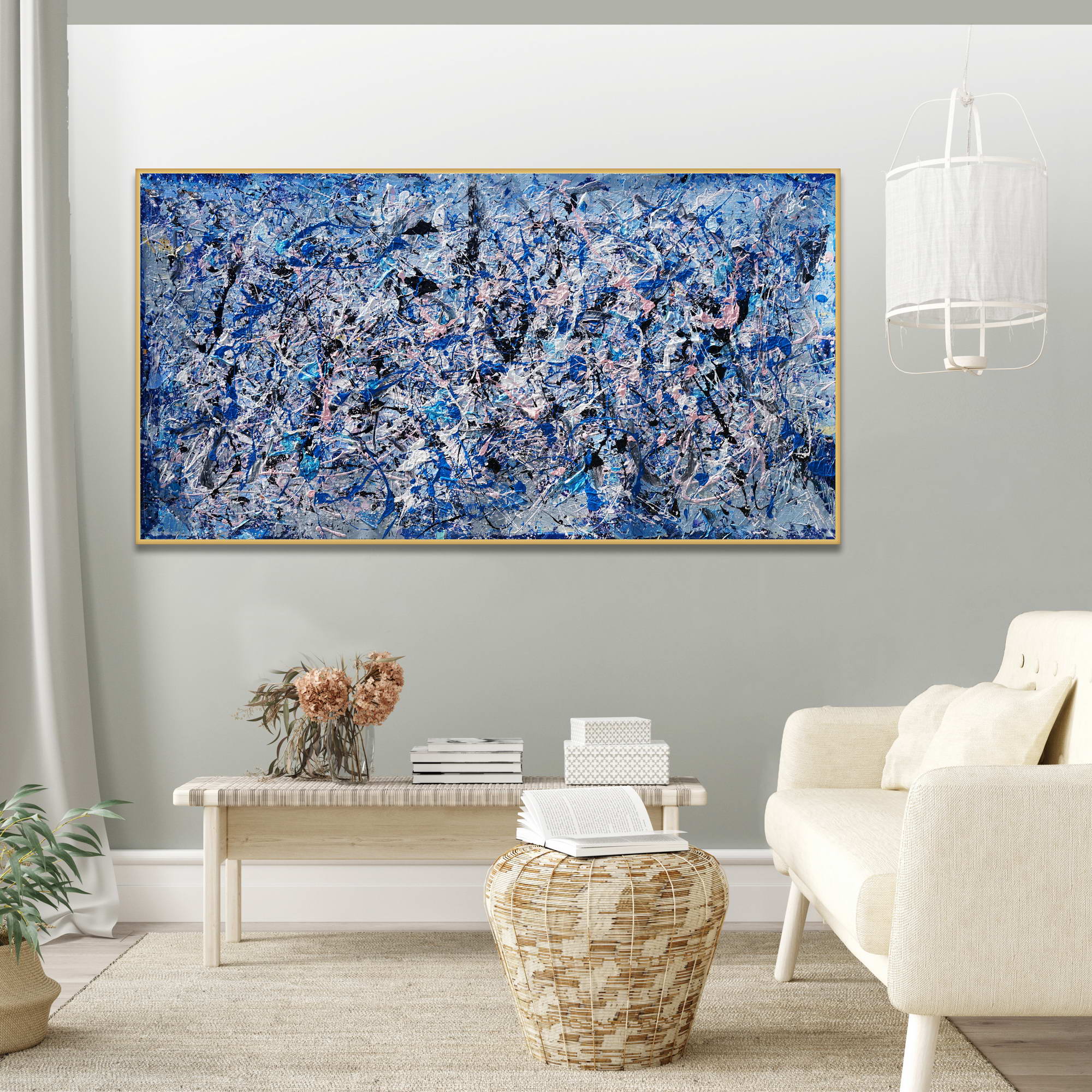 Hand painted Abstract White and Blue Pollock style 75x150cm