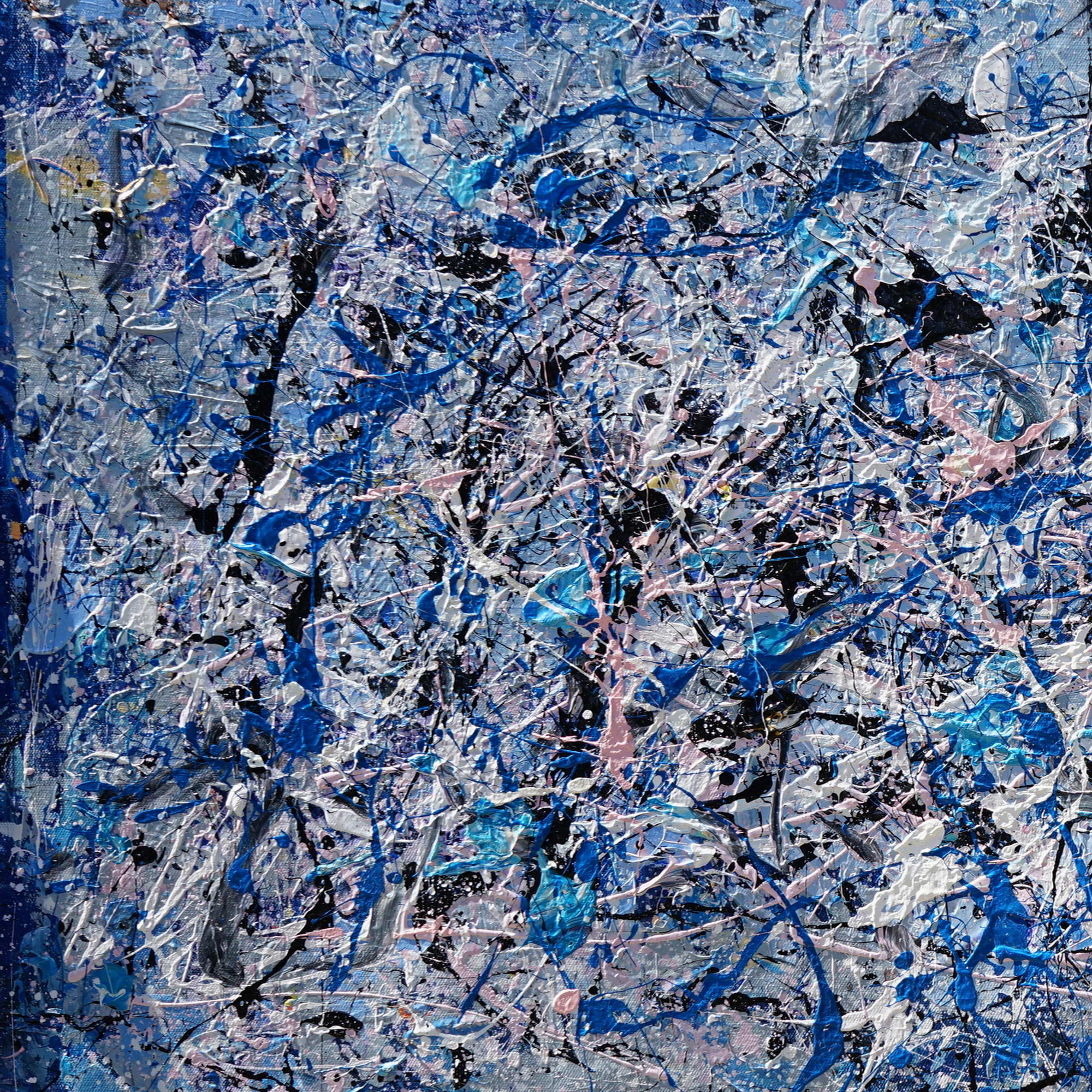 Style Pollock abstrait blanc et bleu peint à la main 75x150cm