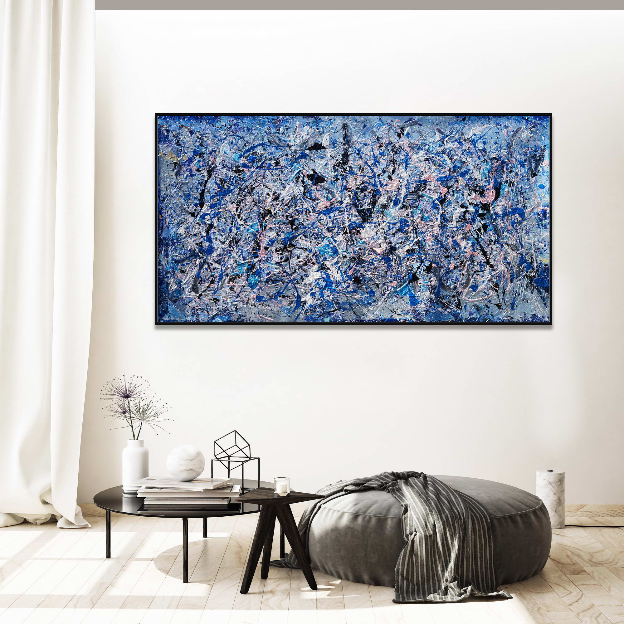 Style Pollock abstrait blanc et bleu peint à la main 75x150cm