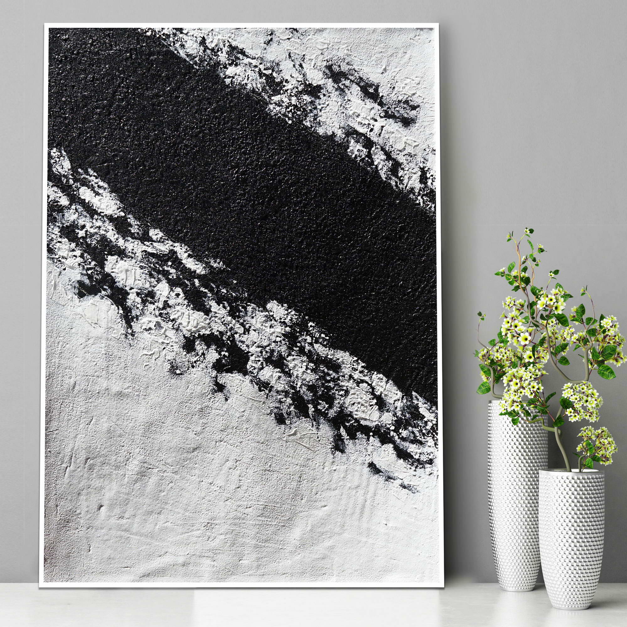 Abstrait peint à la main en noir et blanc 60x80cm