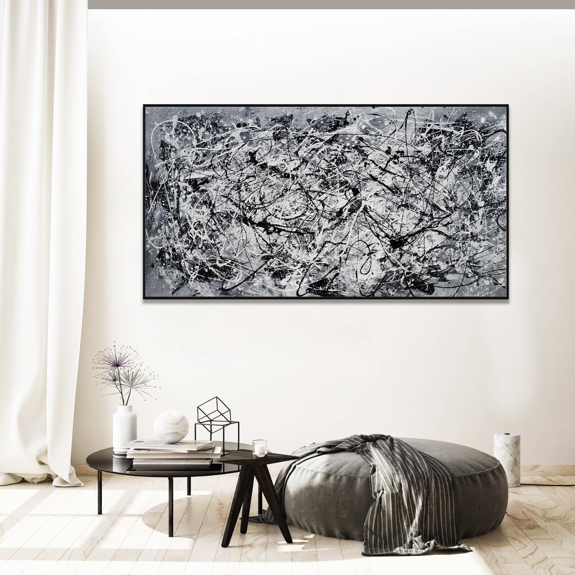 Style Pollock abstrait noir et blanc peint à la main 75x150cm